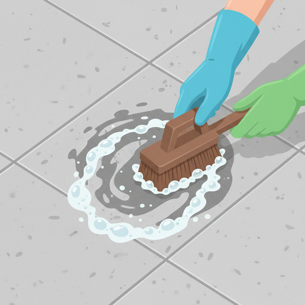 An illustrative close-up scene depicting the effective removal of a grease stain from a patio surface. A distinct, circular grease stain is visible on a textured concrete paver. A pair of generic hands, possibly wearing cleaning gloves, are actively scrubbing the stain with a stiff-bristled brush, applying a foamy or bubbly cleaning solution directly onto the affected area. The surrounding patio surface is visibly clean and bright, contrasting sharply with the still-damp, treated spot. The image should convey a sense of successful action and the process of restoration. Style: Bright, clean flat illustration with subtle textures and a focus on action.