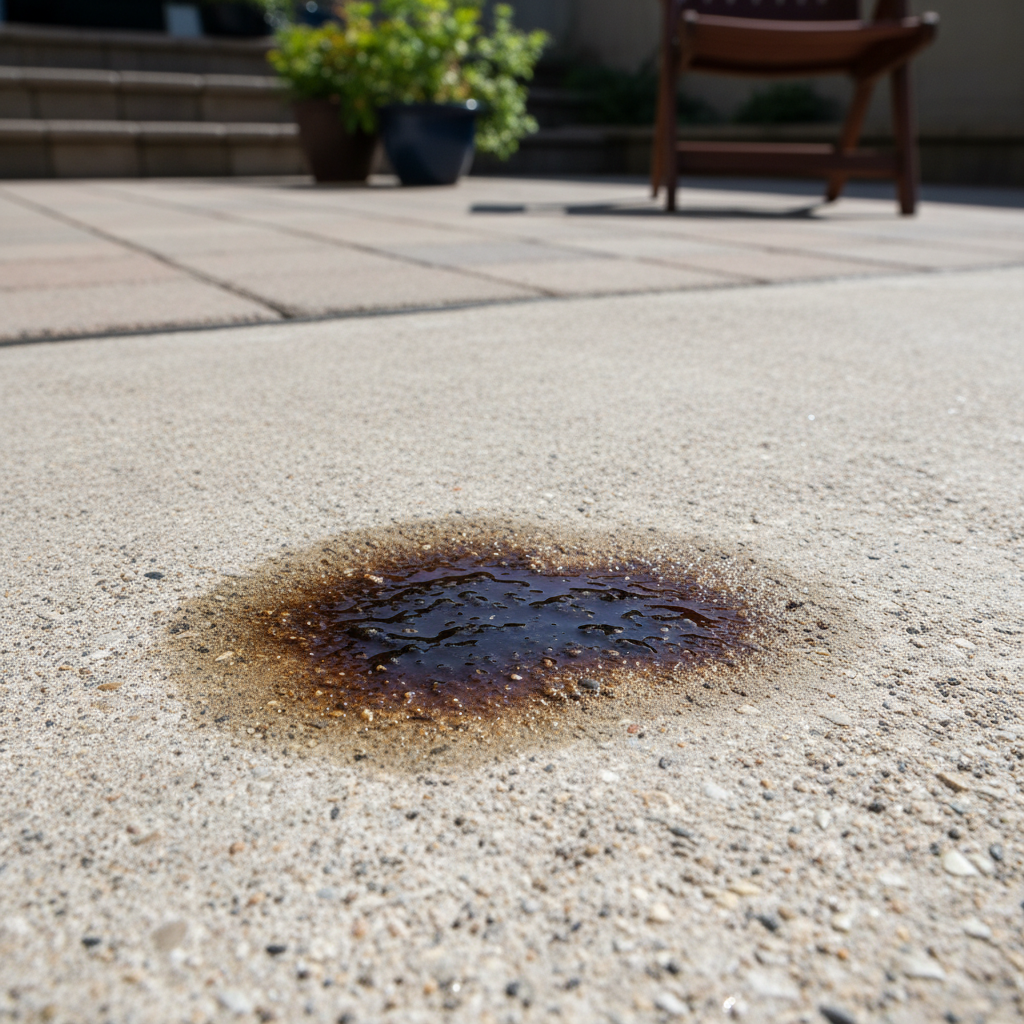 A professional photo showing a close-up section of a patio with a prominent, unsightly grease stain on a light-colored concrete slab. The stain is clearly visible and contrasts with the otherwise clean surface. In the background, a small, out-of-focus hint of a clean, well-maintained patio area creates a subtle visual contrast, emphasizing the improvement after cleaning. The lighting should be bright and natural, highlighting the texture of the slab and the greasiness of the stain. The image should evoke a sense of a common outdoor problem that needs a practical solution.
