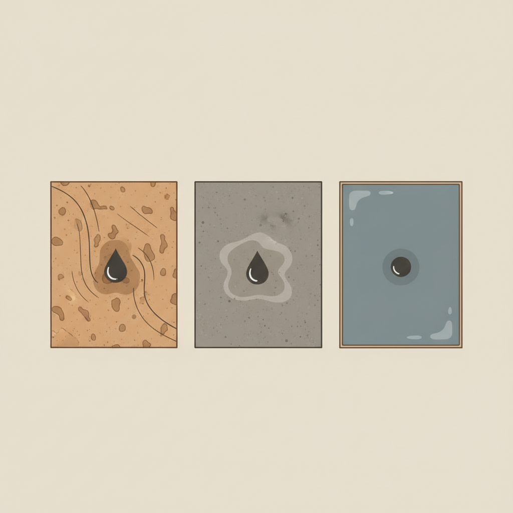 An infographic-style illustration depicting three distinct types of patio slabs arranged side-by-side. From left to right: a highly porous natural stone (e.g., sandstone), a moderately porous concrete slab, and a non-porous ceramic or porcelain tile. Each slab should clearly show a stylized, dark grease droplet interacting with its surface. On the natural stone, the droplet is visibly soaking deep into the material with subtle lines indicating absorption. On the concrete, the droplet is partially absorbed but also spread across the surface. On the ceramic tile, the droplet sits purely on the surface, appearing easy to remove. The style should be clean, simple, and informative, using a muted, earthy color palette.