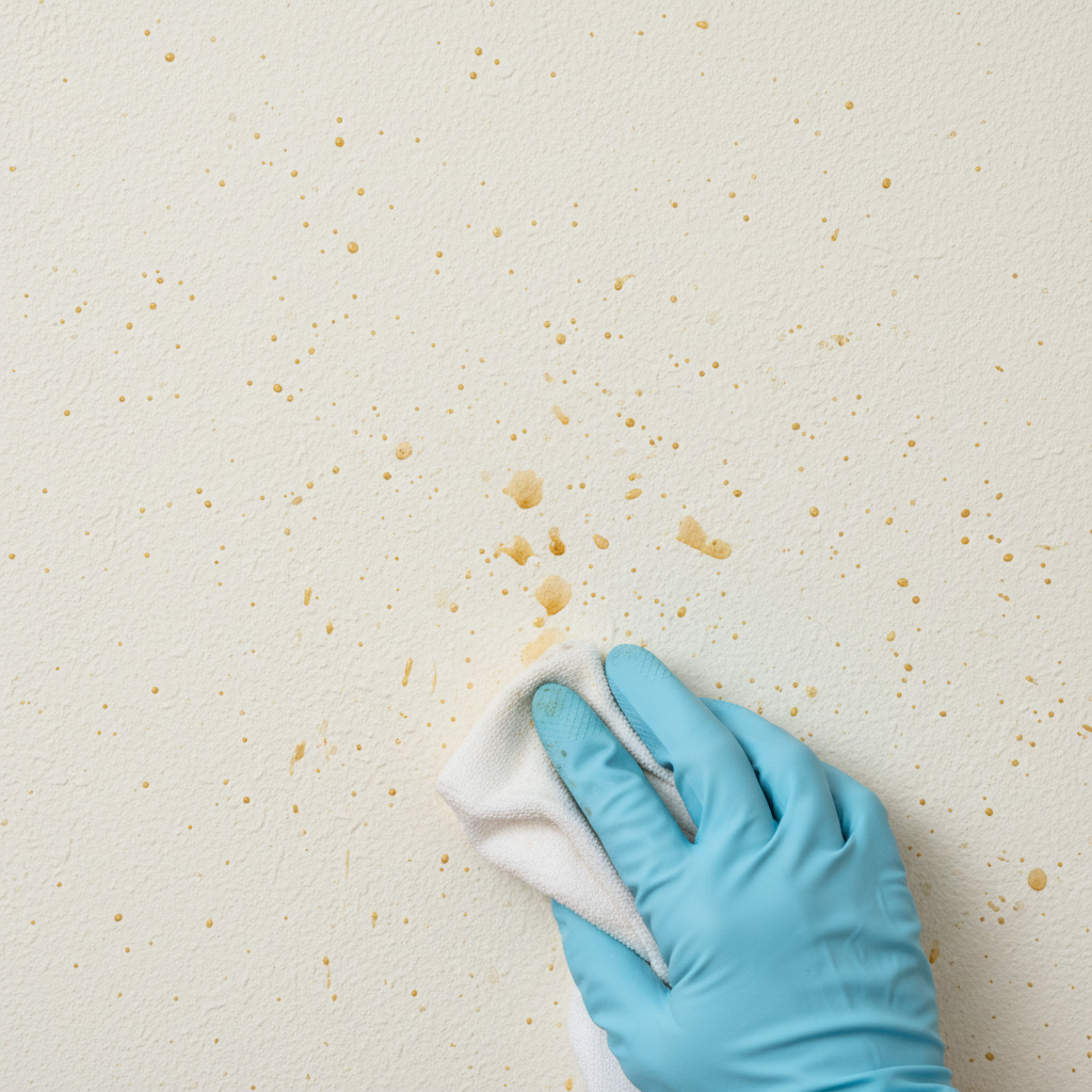 A close-up, professional photo of a light-colored kitchen wall with several distinct, yellowish-brown grease splatters and smudges. The texture of the painted wall is visible, highlighting the stubborn nature of the stains. In the foreground, slightly out of focus, a hand wearing a cleaning glove gently dabs at one of the smaller stains with a soft, white cloth, implying the beginning of the cleaning process. The overall mood is clean but highlights the problem.
