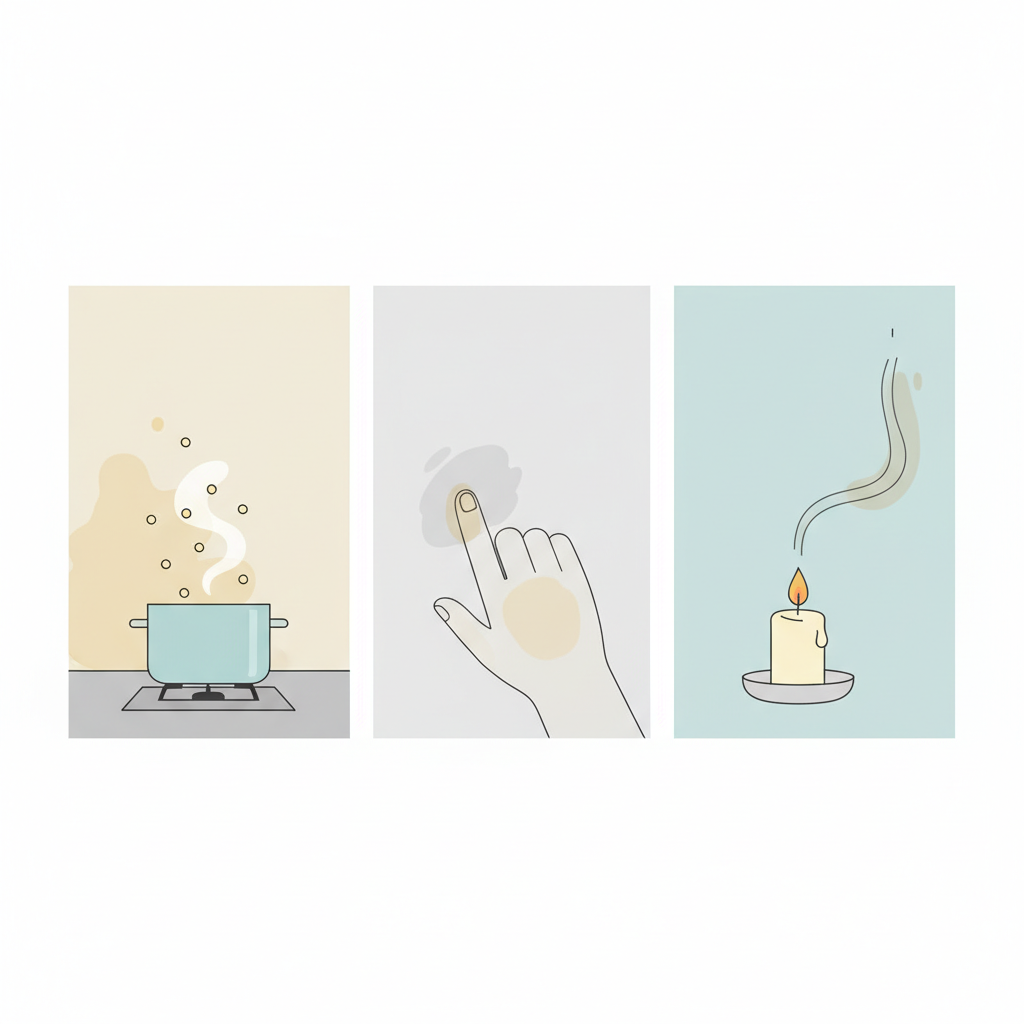 A clean, modern flat illustration depicting three distinct scenes illustrating common causes of grease stains on walls. The first scene shows a cooking pot emitting steam and tiny grease particles towards a wall. The second scene features a hand with subtle oil residue leaving a faint smudge on a wall upon contact. The third scene displays a lit candle with a wisp of smoke gently rising towards a wall. Each element is clearly distinguishable, using a soft, inviting color palette.