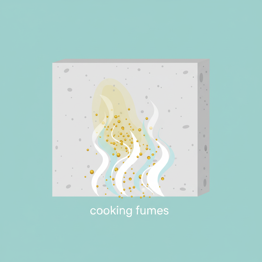 A vibrant, clean flat illustration depicting the microscopic origins of grease stains on a painted wall. A light grey wall surface shows a subtle, translucent yellowish grease stain. From the bottom of the frame, stylized wisps of 'cooking fumes' are depicted, containing tiny, almost invisible fat particles. These particles are shown gently settling onto the wall surface, specifically accumulating in the area of the stain. The illustration should subtly convey the porosity of the wall paint, perhaps with tiny, abstract pores visible on the surface. The overall atmosphere is clean and informative, highlighting the problem without being messy.
