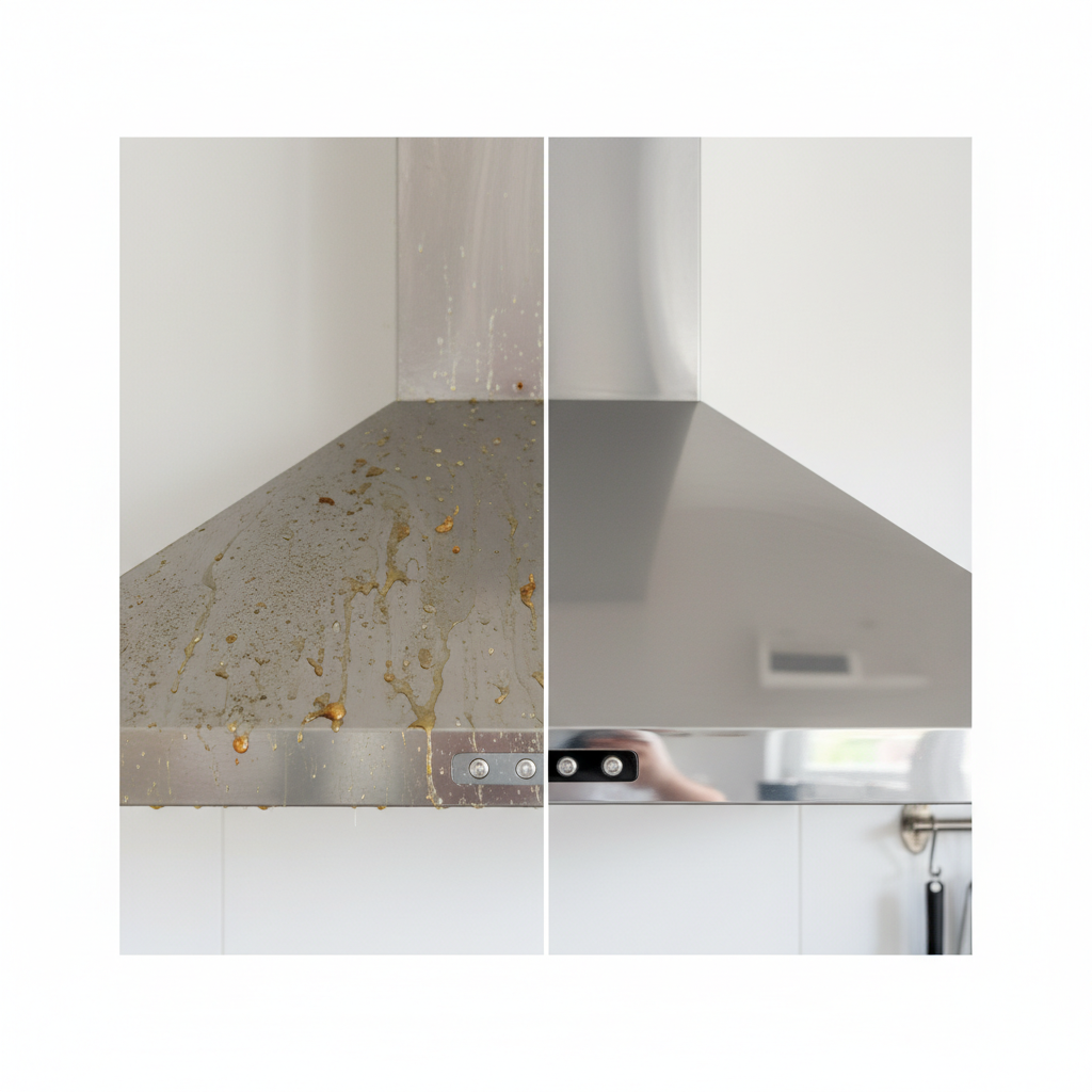 A realistic, high-quality photo split visually down the middle. On the left, a section of a stainless steel kitchen stovetop or range hood fan is heavily caked with visible, sticky brown grease, food splatters, and dust, looking dull and unhygienic. On the right, the exact same section is sparkling clean, polished, and highly reflective, showing no residue. The surface gleams under bright, pristine light, reflecting the surrounding environment, hinting at impeccable hygiene and the powerful effectiveness of a degreaser. The contrast between the two sides should be stark and visually impactful, emphasizing the dramatic transformation from dirty to impeccably clean.