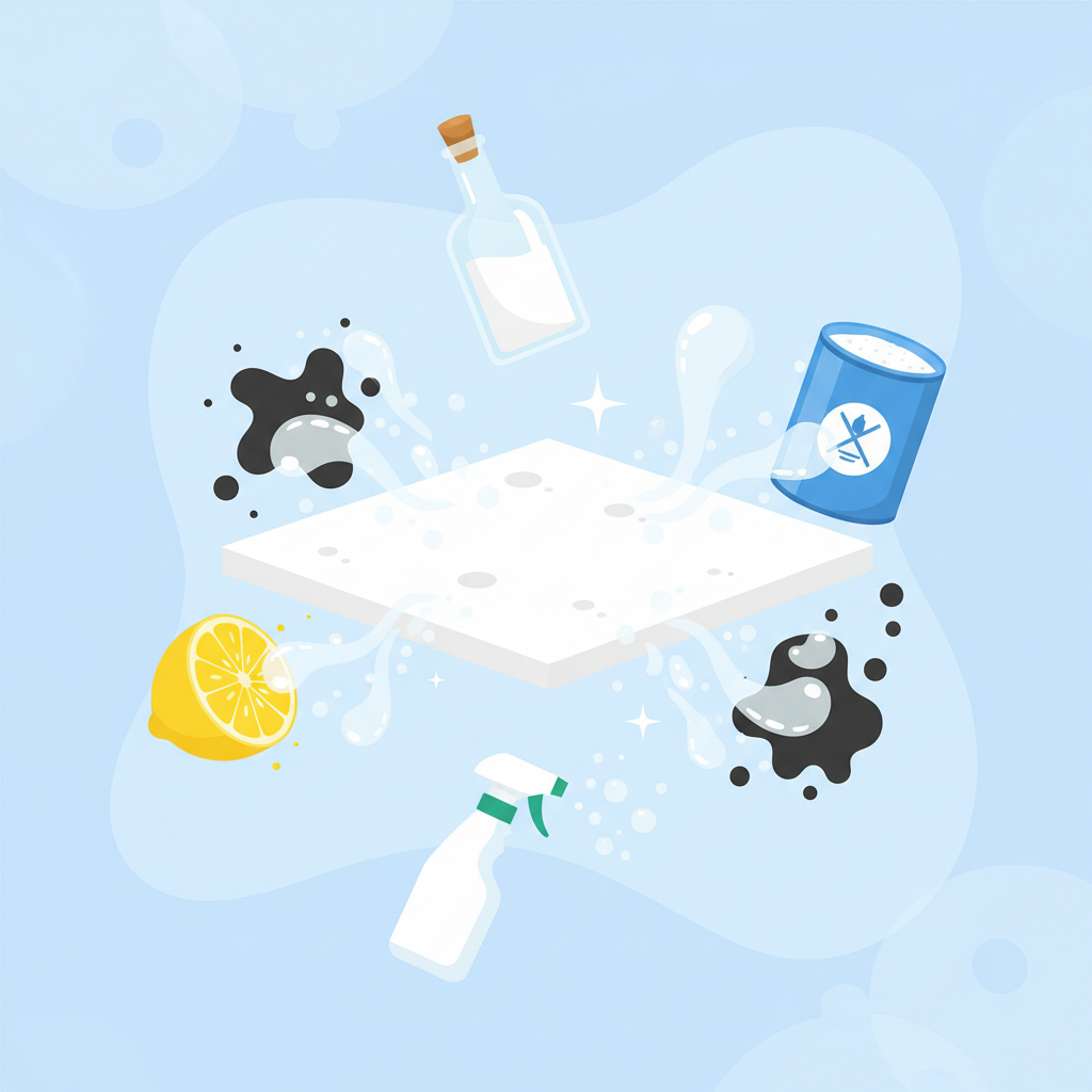 A vibrant and clean flat illustration depicting various cleaning elements converging. In the center, a highly stylized, abstract representation of a pristine kitchen surface, such as a gleaming white tile or a polished countertop, is sparkling brilliantly with light reflections. Surrounding this clean area are distinct, simplified icons or illustrations of different grease-dissolving agents: a halved lemon, a small bottle of vinegar, a container of baking soda, and a generic, minimalist spray bottle symbolizing a chemical degreaser. Wisps of 'cleaning power' or effervescent bubbles emanate from these agents, symbolically dissolving abstract, blob-like representations of grease particles floating nearby, emphasizing effective removal and a fresh environment.
