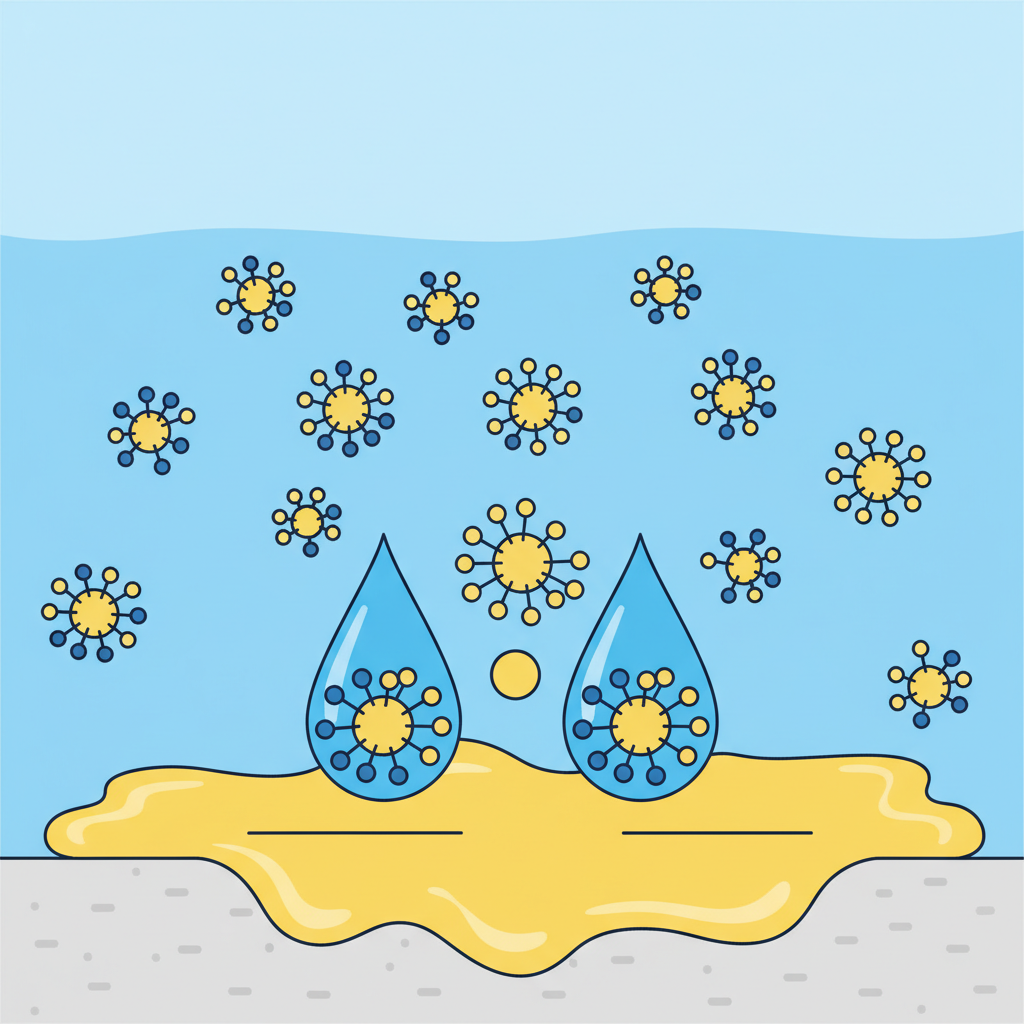 A detailed scientific diagram illustrating the emulsification process of grease. Show a cross-section of a surface covered in a yellow, viscous grease layer. Introduce blue water droplets containing numerous tiny, barbell-shaped tenside molecules (one end attracted to grease, the other to water). Depict the tensides surrounding individual grease particles, detaching them from the surface, and suspending them as small spheres within the water. The diagram should clearly show the transition from a cohesive grease layer to dispersed, emulsified grease particles in water. Flat illustration, clean lines, educational infographic style.