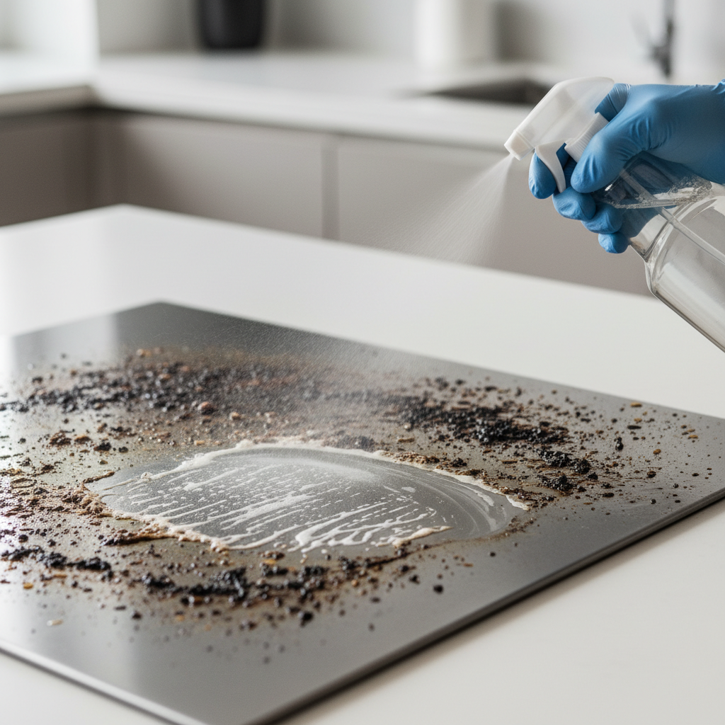 A realistic professional photo of a common household scenario where grease cleaner is actively being used. Focus on a shiny, modern kitchen stovetop or oven door heavily spattered with dark, baked-on grease and food residue. A clean, gloved hand is visible, holding an unbranded spray bottle, applying a fine mist of cleaner to the greasy surface. Part of the surface should already appear visibly cleaner and gleaming, contrasting sharply with the still-grimy areas, conveying effectiveness. Professional product photography style, high-definition, good depth of field.