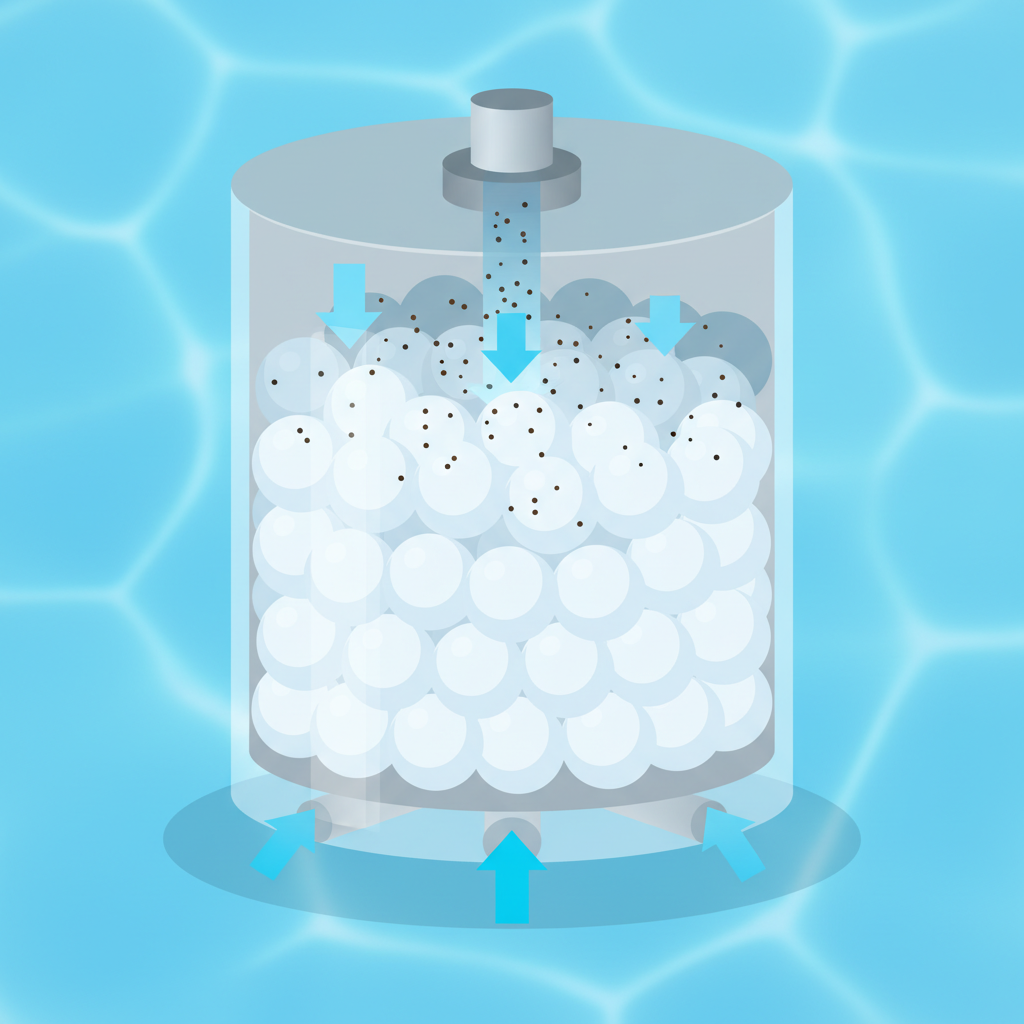 A cutaway diagram of a spherical or cylindrical swimming pool filter tank. Inside, fluffy white filter balls are densely packed, illustrating their filtration function. Arrows show murky blue water entering the top, becoming clear as it passes through the balls, and exiting clean at the bottom. Tiny dark specks representing trapped dirt are visible adhering to the filter balls. The background features a blurred, clean, bright blue swimming pool surface. Style: Clean, modern flat illustration with a soft color palette, focusing on clarity and functionality.