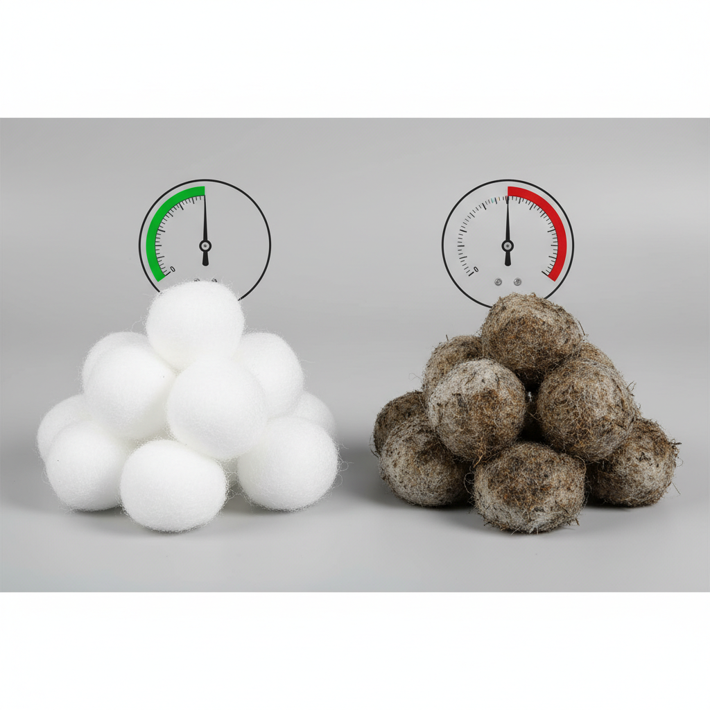A professional photo depicting a stark side-by-side comparison of filter balls. On the left, a neat pile of pristine, bright white, fluffy filter balls. On the right, a similar pile of the same type of filter balls, but visibly soiled with dark brown and grey grime, looking clumpy and heavy. A simplified, minimalist pressure gauge is subtly integrated into the background, showing a low/normal pressure reading (needle in green zone) next to the clean balls and a high pressure reading (needle in red zone) next to the dirty balls, indicated purely by needle position and color. Style: High-resolution product photography with excellent lighting to highlight texture and color differences.