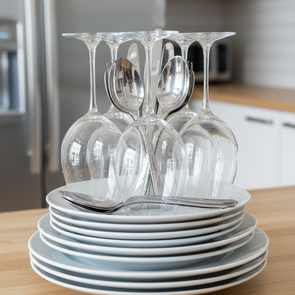 A close-up, high-angle professional photo showcasing a stack of impeccably clean, sparkling dishes (plates, wine glasses, cutlery) gleaming brightly. Water droplets or a faint sheen should be visible on the surfaces of the dishes, emphasizing their pristine cleanliness. The background is softly blurred, subtly suggesting a modern, tidy kitchen environment. The overall impression should be one of freshness, hygienic sparkle, and effortless shine, with abundant light reflecting off the immaculate surfaces.