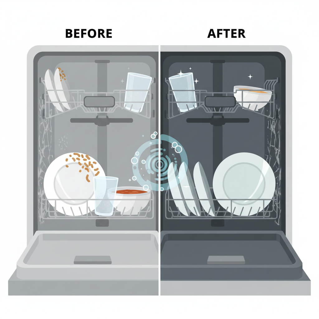 A split-screen flat illustration depicting the 'before and after' effect inside a dishwasher. On one side, a subtle representation of a dishwasher rack holding greasy, food-stained dishes (e.g., a plate with dried food, a cloudy glass) and faint limescale deposits on the machine's interior walls. On the other side, the same rack holds sparkling clean, gleaming dishes, and the interior walls of the machine appear pristine and well-maintained. Abstract visual elements like tiny 'cleaning' particles or bubbles could subtly animate the transition zone.