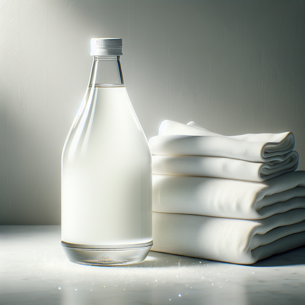 A close-up shot of a bottle of white vinegar standing next to a small pile of neatly folded, clean laundry (like a white t-shirt or towel) on a minimalist countertop. Soft, natural light illuminates the scene, with a gentle visual suggestion of freshness or cleanliness, perhaps subtle sparkling light. Realistic product photography style, clean and inviting.