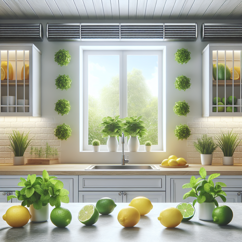A bright, clean, and inviting kitchen countertop bathed in soft natural light. On the counter, there are fresh lemons, limes, and sprigs of mint neatly arranged, symbolizing natural remedies for bad odors. A subtle hint of fresh air is suggested through a slightly open window in the background. Realistic photo, vibrant and refreshing colors.