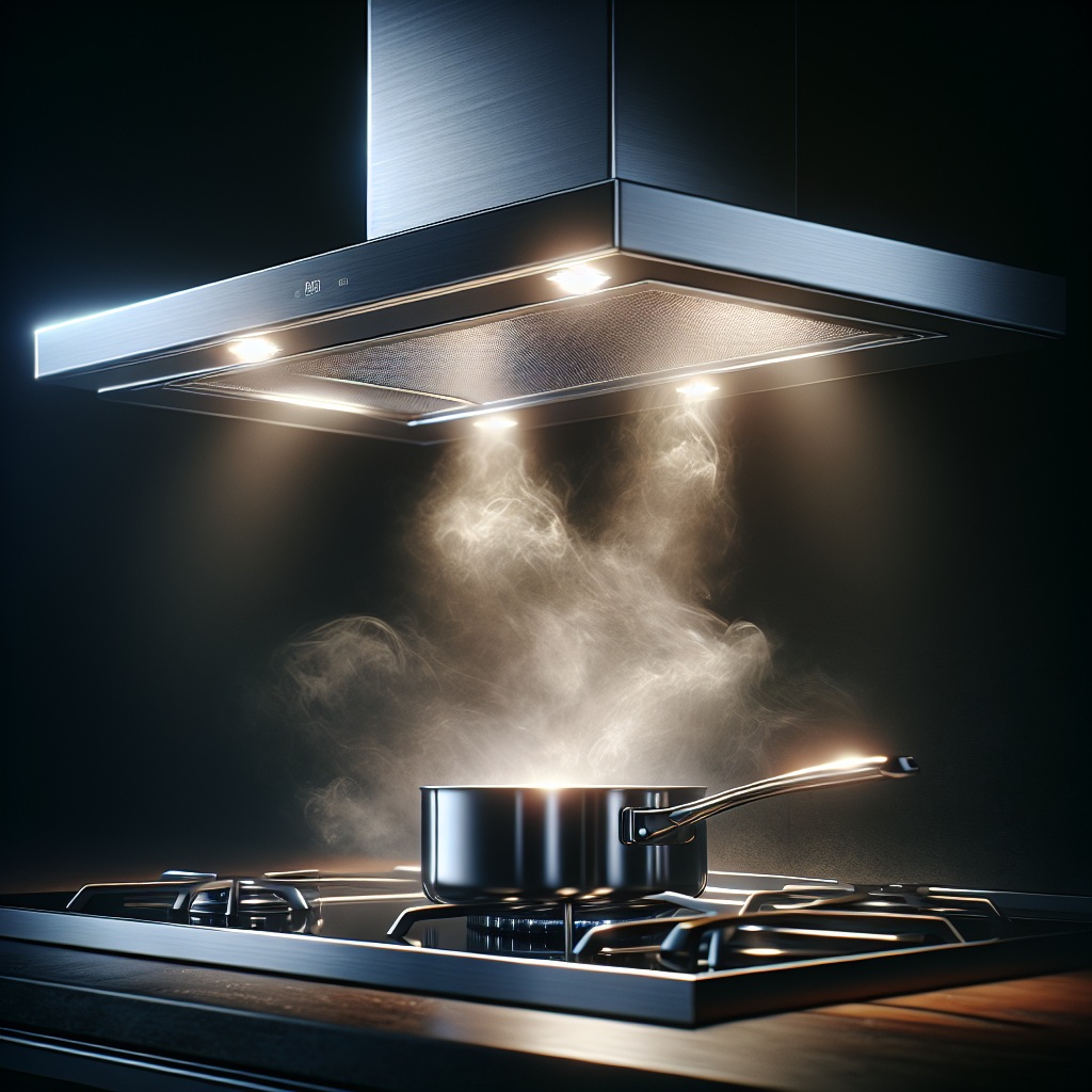 A close-up, realistic photo of a sleek, modern kitchen extractor hood powerfully pulling steam and cooking fumes upwards from a stovetop where a clean pan sits. The air around the hood looks clear, indicating efficient ventilation and odor removal. Dynamic lighting, focus on functionality and cleanliness.