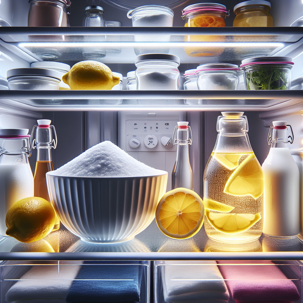 A sparkling clean and fresh refrigerator interior, brightly lit, showcasing natural household remedies neatly placed inside. A small white bowl filled with baking soda, a clear glass dish with fresh lemon slices, and a small, elegant bottle of vinegar are visible, symbolizing effective and natural cleaning solutions. Bright, clean, high-key photography.