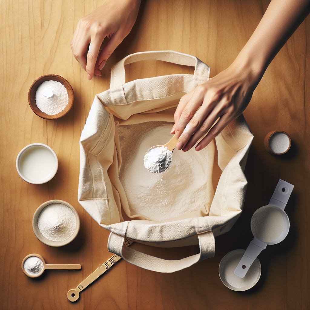A pair of hands is carefully sprinkling white baking soda powder into the open interior of a beige canvas tote bag. A small bowl of baking soda and a measuring spoon are visible next to the bag on a clean wooden countertop, emphasizing a home remedy solution. Bright and clean aesthetic, top-down view.