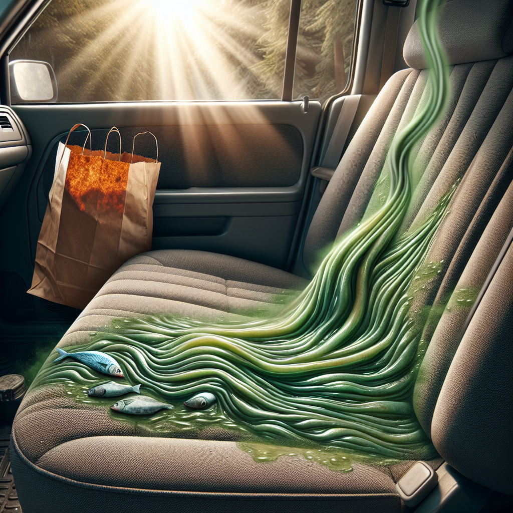 A realistic image depicting a strong, unpleasant fish smell in a car's interior. Greenish-brown, wavy stink lines visibly emanate from a forgotten grocery bag or a small spill on the passenger seat. Sunlight streams through the car window, highlighting the visible discomfort. The atmosphere is visually heavy with the odor, showing the problem.