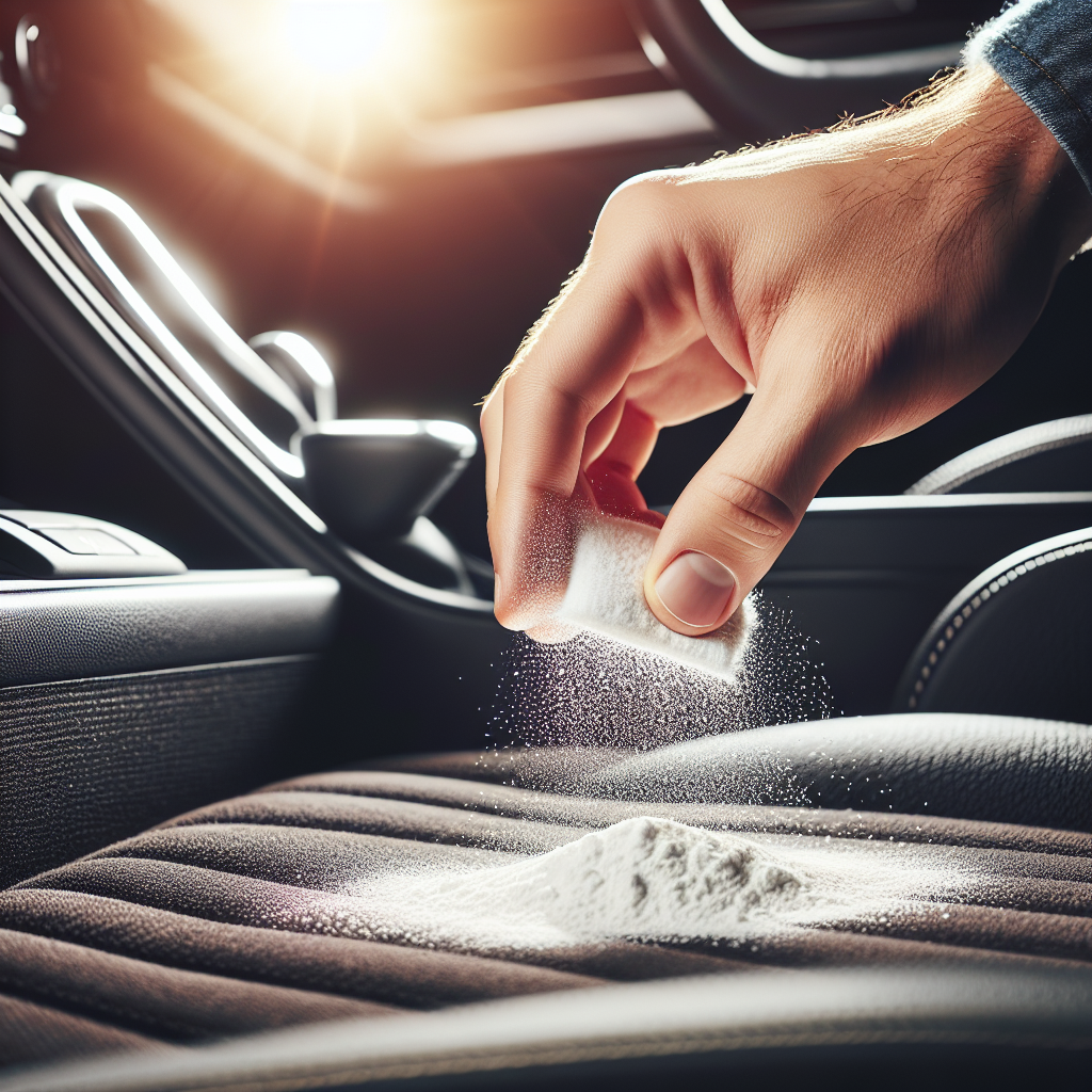 A clean, brightly lit close-up shot of a hand gently sprinkling white baking soda powder onto a dark fabric car seat or floor mat. The car interior looks modern and tidy, conveying a sense of effective home remedy and cleanliness being restored. Focus on the action of applying the powder.