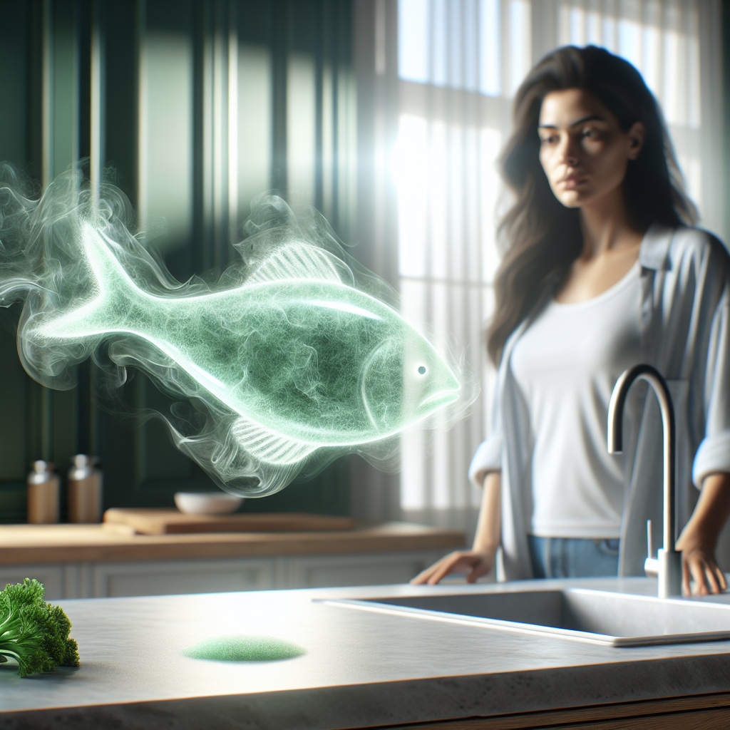 A modern kitchen scene with a subtle, translucent, wavy green cloud in the shape of a fish silhouette stubbornly lingering over a clean countertop. The composition emphasizes the lingering presence of an unwanted odor despite efforts to clean. A person in the background looks slightly exasperated. Photorealistic, with soft, natural light, conveying a sense of frustration.