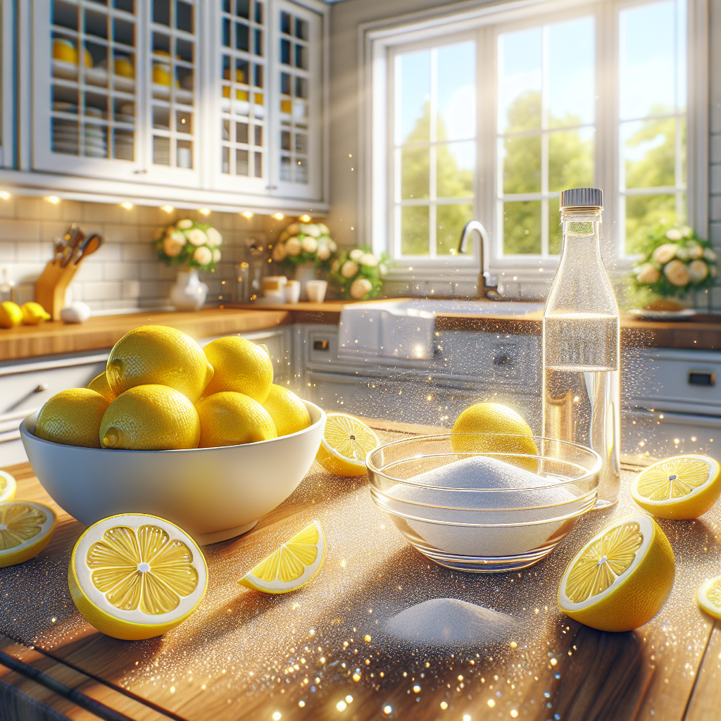 A bright, inviting kitchen countertop featuring a selection of natural odor-neutralizers: freshly cut lemons, a small bowl of baking soda, and a bottle of white vinegar. The overall atmosphere is one of cleanliness and freshness, with sunlight streaming in. Focus on the sense of a revitalized, fresh-smelling home, possibly with a subtle sparkling effect in the air. Photorealistic, vibrant colors.