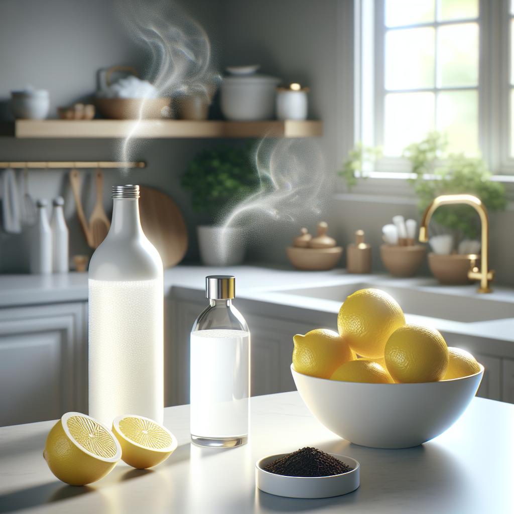 A bright, clean kitchen counter with an open bowl of vibrant yellow lemons, a sleek bottle of white vinegar, and a small dish of dark roasted coffee grounds arranged neatly. A subtle, almost invisible wisp of unpleasant odor is being actively dissipated and replaced by a clear, fresh aura emanating from the natural remedies. Soft natural light, focus on cleanliness and natural solutions. High detail, photorealistic.