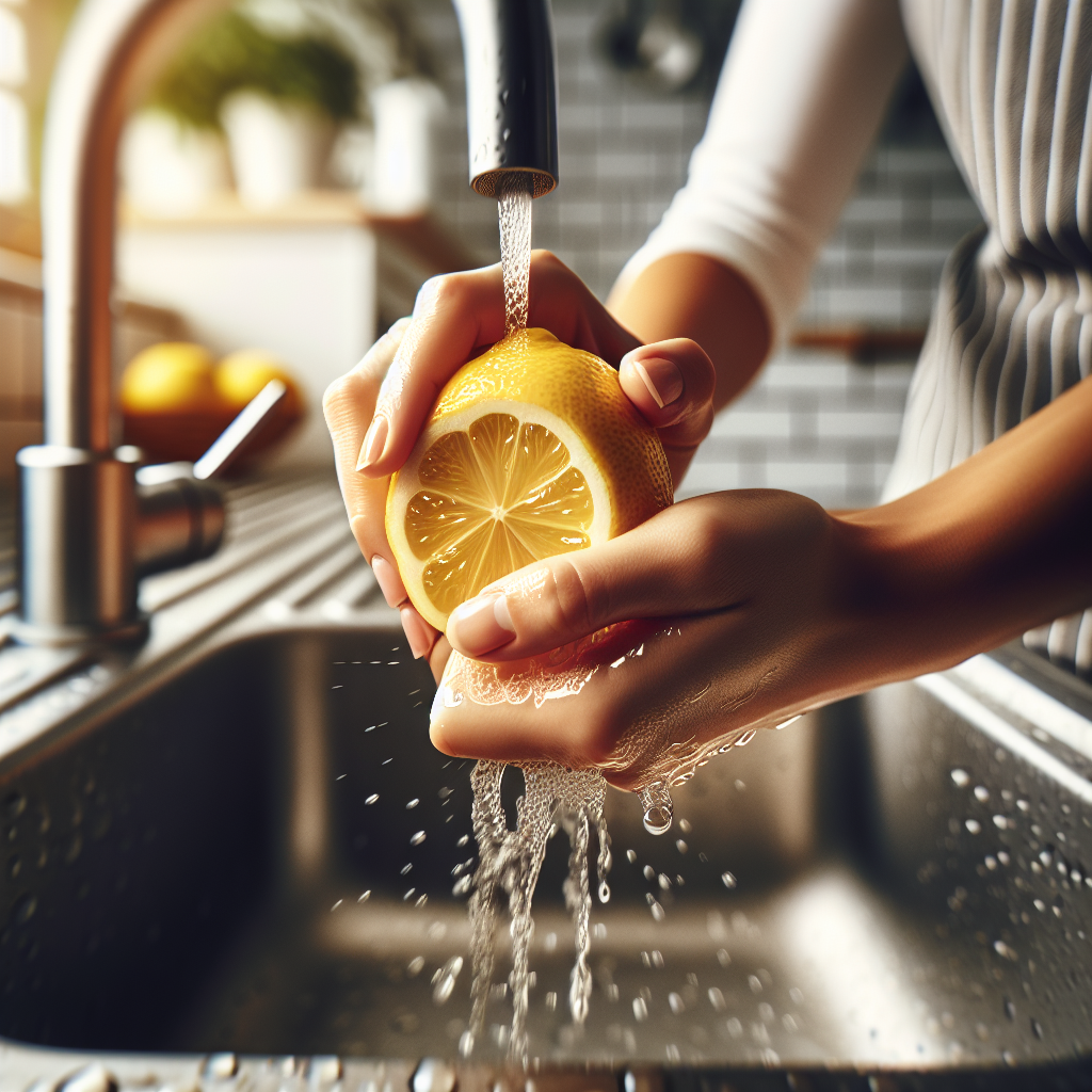 A close-up, dynamic shot of a hand squeezing a half-cut, juicy lemon over a sparkling clean kitchen sink. Water droplets spray from the lemon, highlighting its freshness. The background is softly blurred, showing a modern, clean kitchen environment with indirect natural light. Emphasize freshness, natural process, and effective cleaning. High detail, photorealistic.