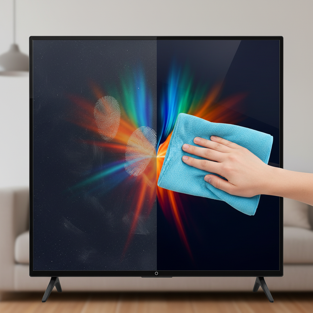 A split image of a modern flat-screen television. The left side of the screen is covered in visible dust, smudges, and blurry fingerprints, significantly distorting the underlying vibrant image. The right side of the screen is impeccably clean, shining brightly with a crystal-clear, sharp, and vivid image displayed. A hand, holding a soft, lint-free blue microfiber cloth, is gently wiping the boundary between the dirty and clean sections, suggesting the ongoing cleaning process. The style should be a professional, high-resolution photo, emphasizing clarity and contrast.