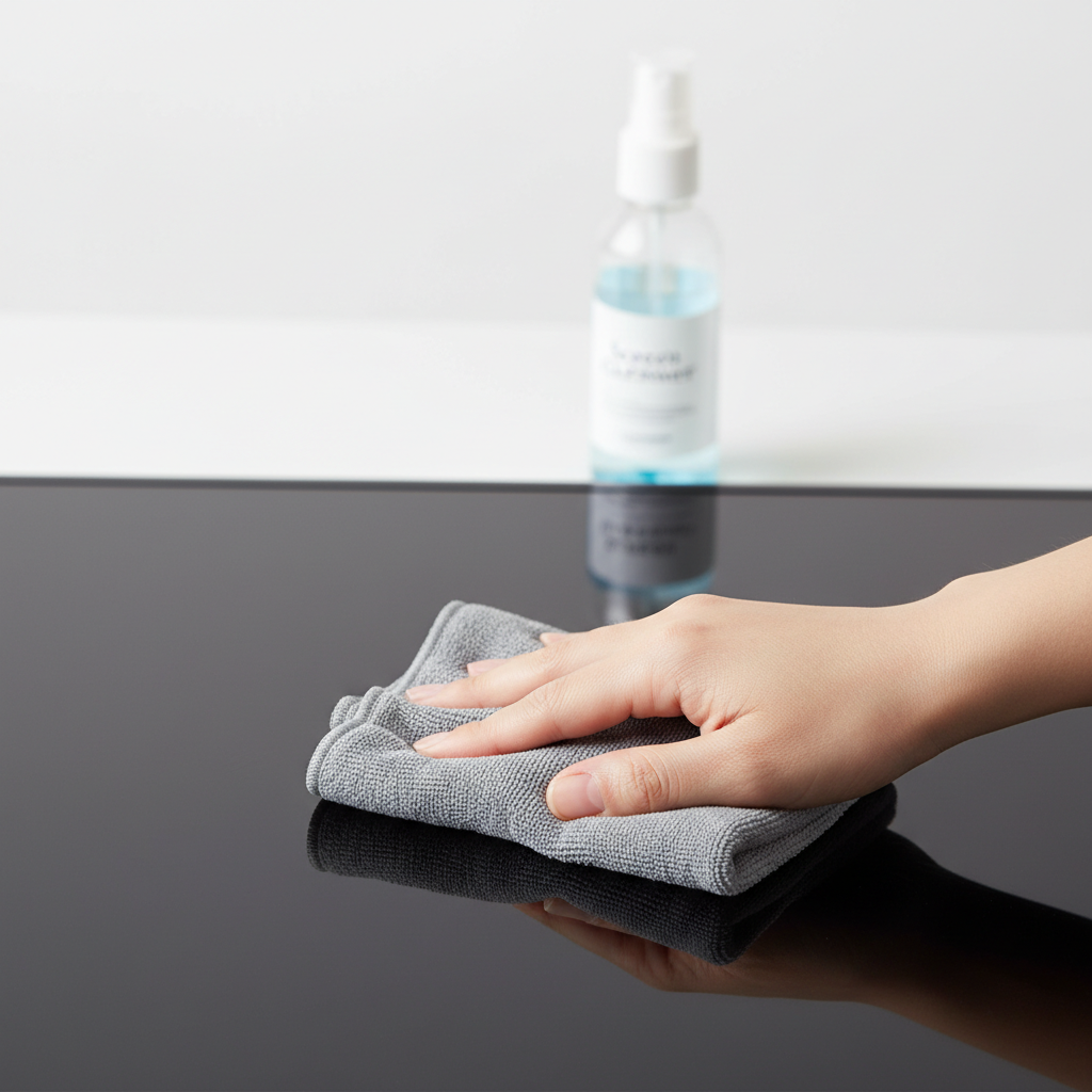 A close-up, dynamic shot focusing on the essential tools for cleaning a flat-screen TV. A soft, lint-free grey microfiber cloth is prominently featured, being held by a hand in the foreground. In the background, slightly out of focus, is a clear spray bottle containing distilled water or a generic screen cleaning solution. The hand is gently dabbing the cloth onto a pristine-looking, dark flat-screen surface, implying a careful cleaning technique. The scene should be well-lit, clean, and modern, using a professional product photography style to highlight the textures and materials.