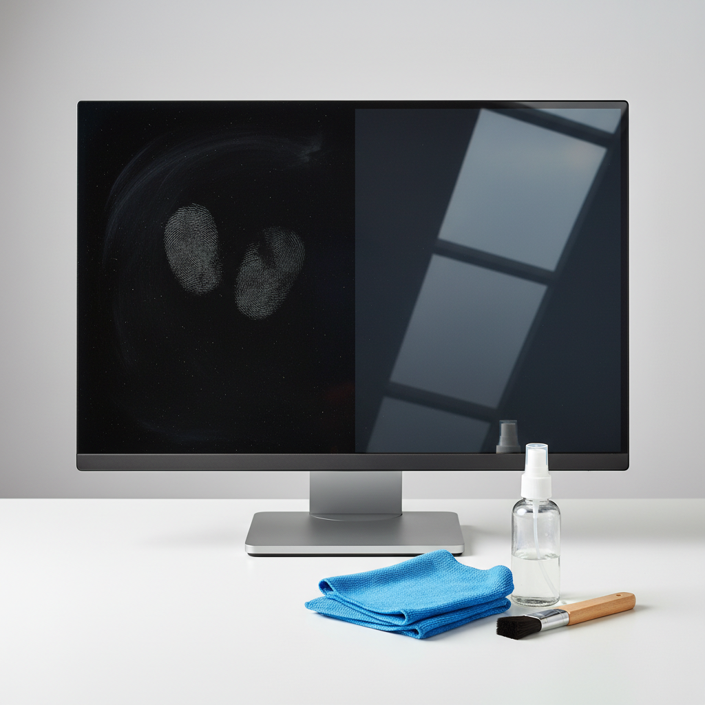 A close-up, split-screen composition of a modern flat-screen monitor. One half of the screen is clearly visible with fingerprints, dust, and subtle smudges, indicating it needs cleaning. The other half is perfectly pristine, glossy, and reflective, showcasing a streak-free result. In the foreground, neatly arranged, are the recommended cleaning tools: a folded, soft blue microfiber cloth, a sleek spray bottle filled with a clear liquid (representing distilled water or screen cleaner), and a small, soft brush. Professional studio product photography with a clean, bright aesthetic, emphasizing clarity and contrast.