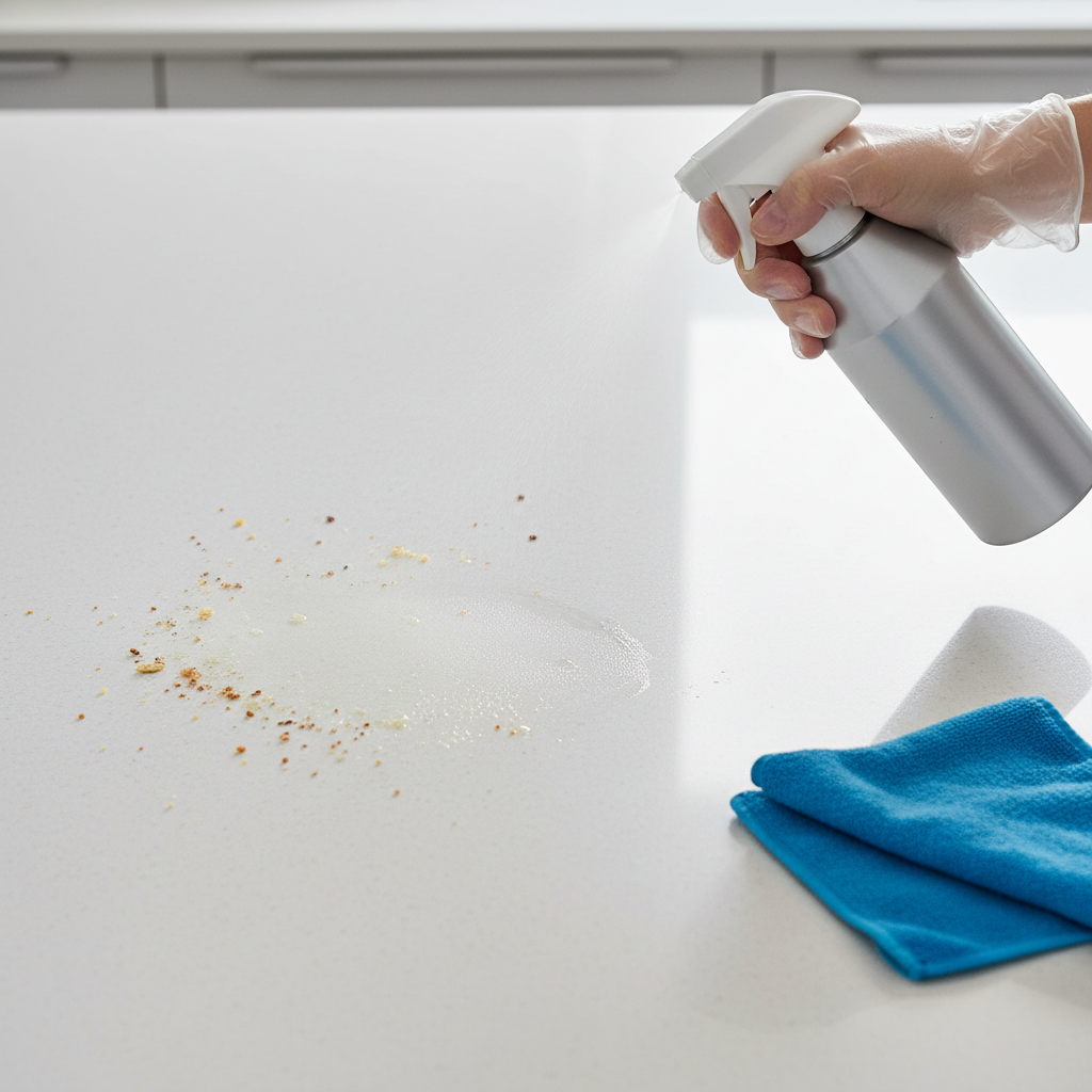A vibrant, professional close-up photo of a clean, modern kitchen counter. On one side, a section of the countertop shows visible grease splatters, crumbs, and faint smudges. A hand, wearing a subtle protective glove, holds a generic, sleek spray bottle of surface cleaner, actively spraying solution onto this dirty section. The other side of the counter is gleaming and spotless, reflecting ambient light. A soft, clean microfiber cloth lies neatly folded nearby. The image should convey effective cleaning and immediate results, with a focus on hygiene and aesthetics.