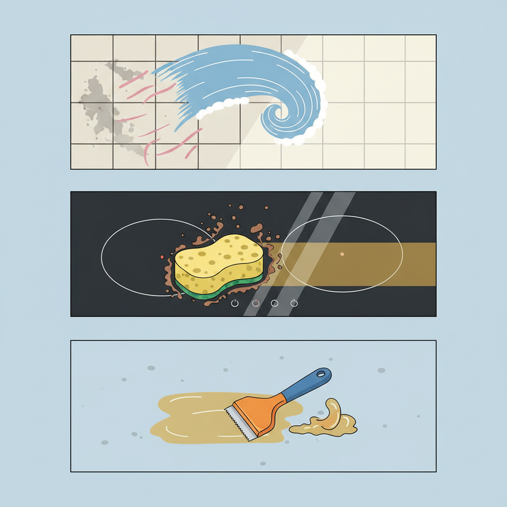 A dynamic, flat illustration depicting an overview of various household cleaning scenarios. The composition is subtly divided into several distinct sections. One section shows a bathroom tile wall with visible mold or soap scum being wiped away by an abstract cleaning action. Another section illustrates a kitchen stovetop with burnt-on food residue, with a cleaning sponge implying the removal process. A third section features a piece of plastic or a floor segment with sticky adhesive residue, being tackled by a small scraper. Each scenario subtly suggests a different type of cleaning challenge and resolution, presented in a clean, modern, and visually informative style.