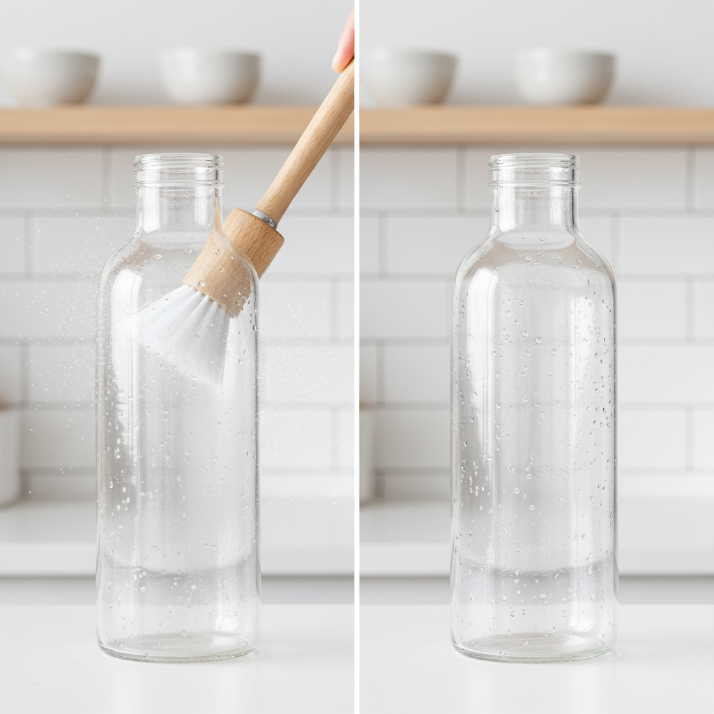 A professional photo of a clear glass water bottle, split down the middle or shown in a 'before and after' sequence. The 'before' side shows faint internal residue or condensation, while a long-handled bottle brush with a white bristle head is actively cleaning it. The 'after' side depicts the bottle sparkling clean, with light water droplets, showcasing immaculate hygiene. The background is bright and minimalist, suggesting a clean kitchen environment, emphasizing the brush's effectiveness.