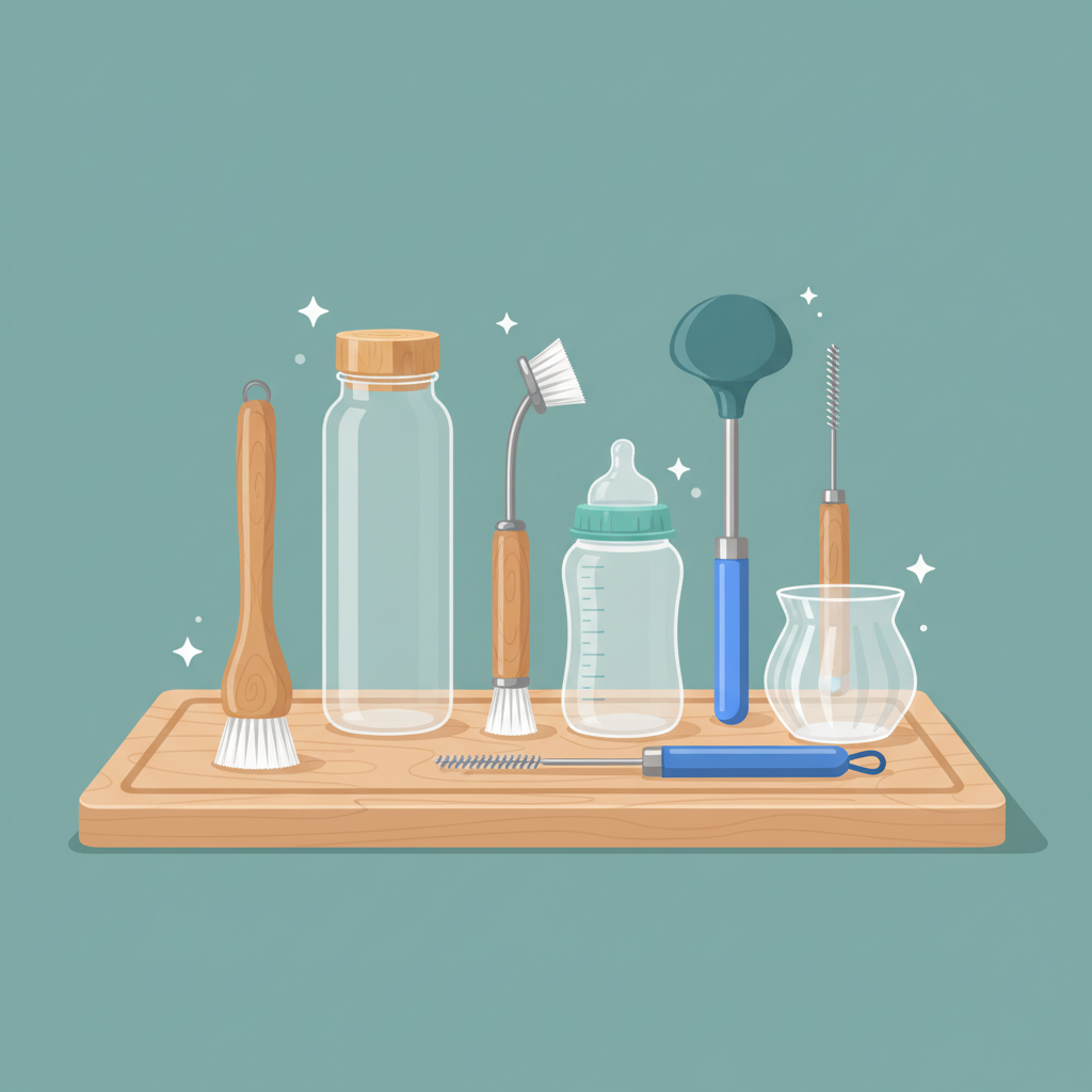A modern, clean flat illustration showcasing a diverse collection of bottle cleaning brushes. Various brushes are neatly arranged, highlighting different handle materials (e.g., wood, stainless steel, plastic) and distinct brush head shapes and sizes, suitable for various container types. Interspersed among the brushes are sparkling clean, empty containers like a sleek glass water bottle, a baby bottle, and a small carafe, subtly demonstrating their applications. The color palette is fresh and appealing, emphasizing product variety and utility.