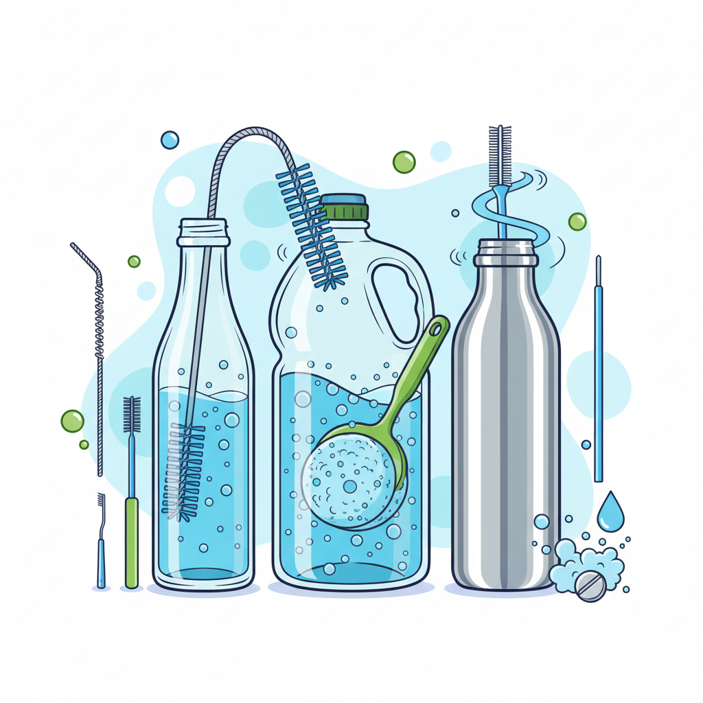 An infographic style illustration showcasing various types of bottle cleaning tools actively engaged in cleaning. The central focus is on different bottle shapes (tall, wide-mouthed, narrow-necked) made of various materials (glass, plastic, stainless steel). Surrounding them are specialized cleaning brushes with long handles, sponge brushes, and maybe abstract representations of cleaning solution bubbles or powder dissolving inside, effectively reaching the difficult-to-access areas like the neck and bottom. The style should be clean, informative, and emphasize effectiveness and accessibility.