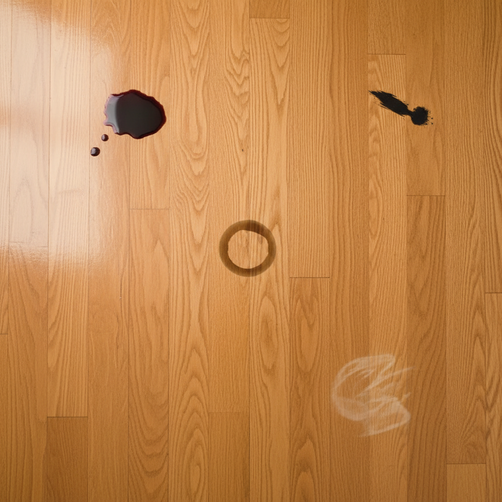 A close-up, high-angle professional photo of a warm-toned, lacquered wooden floor. The floor should appear well-maintained and polished in most areas, showcasing its natural grain and luster under soft, inviting light. Scattered across different sections of the floor are distinct, realistic stains: a dark red wine spill, a brown coffee ring, a subtle greasy smudge, and a small, dark shoe polish mark. The composition highlights the contrast between the beautiful wood and the visible imperfections, visually representing common challenges discussed in the article.