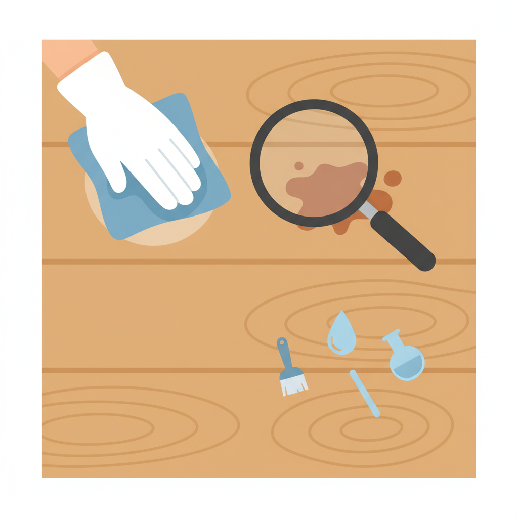 A vibrant, clean flat illustration depicting the preparatory steps for stain removal on a wooden floor. The scene features a stylized close-up of a wooden floor surface. In one corner, a hand, gently wearing a white glove, carefully dabs a small, inconspicuous patch of the floor with a soft, blue microfiber cloth, indicating a test area. Nearby, a magnifying glass hovers over a small, abstract stain shape, suggesting the importance of identifying the stain type. The overall image conveys careful planning and gentle methods before tackling a larger stain.