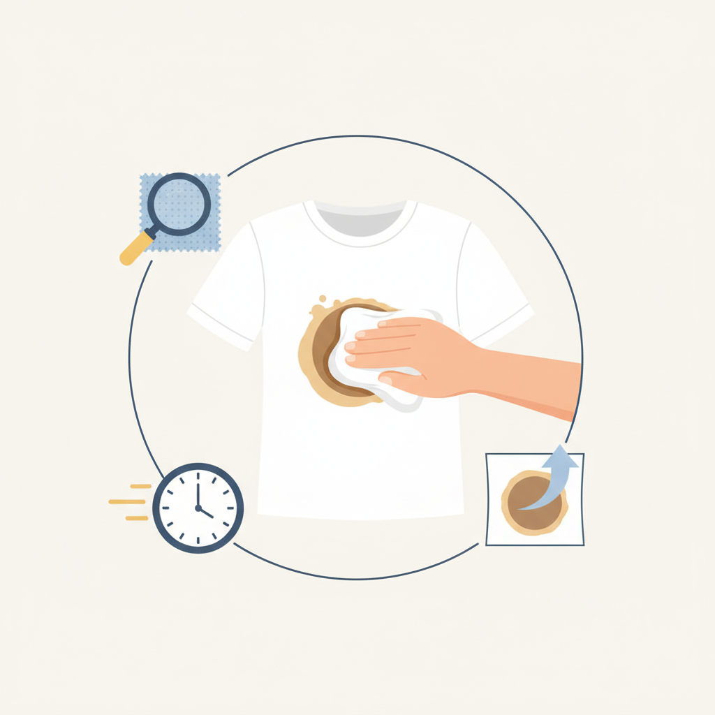 A clean, professional flat illustration depicting the essential steps of stain removal. In the center, a hand gently dabs at a coffee stain on a white t-shirt with a clean cloth. Around this central action, smaller icons or visual elements represent other key rules: a magnifying glass over a small fabric swatch indicating testing, a clock symbolizing quick action, and an arrow showing treatment from the back of the fabric. The overall scene conveys care, effectiveness, and a methodical approach to stain removal, set against a bright, minimalist background.