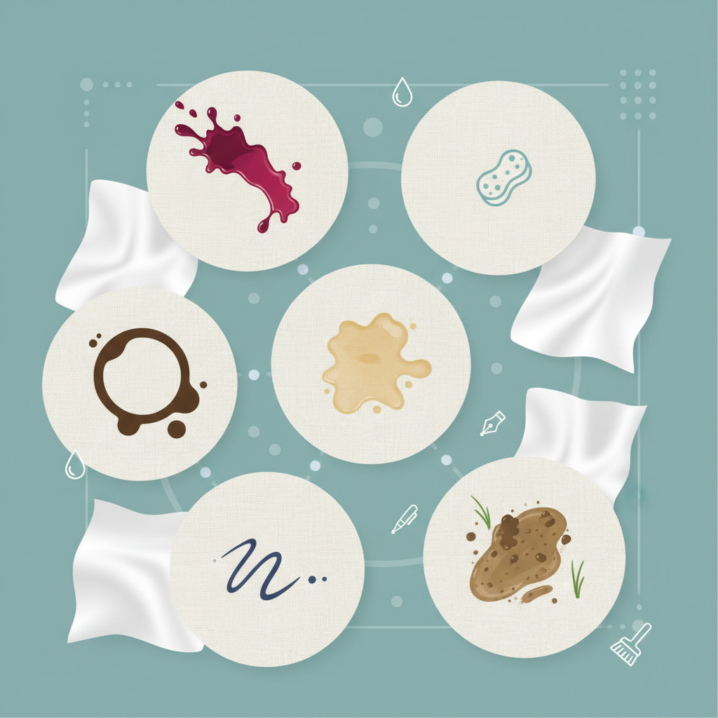 A vibrant and informative infographic-style illustration showcasing various common clothing stains. The central focus is a collection of stylized patches of fabric, each depicting a different, easily recognizable stain such as a red wine spill, a coffee ring, a greasy splodge, an ink pen mark, and a mud smear. The stains are distinct and visually represent the diversity of cleaning challenges. The overall composition is clean and organized, with a clear distinction between the stained areas and the surrounding clean fabric, implying solutions are available. The style should be modern and appealing, suitable for a helpful guide.