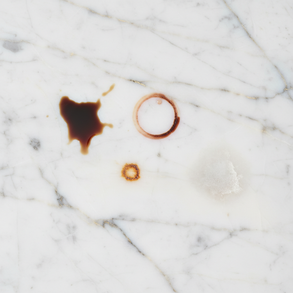 A highly detailed, professional photo of a luxurious, polished white marble countertop. Scattered across its smooth surface are various distinct types of stains. One shows a dark, translucent oil stain; another, a reddish-brown organic coffee ring. Nearby, a subtle orange-brown rust mark from a metal object is visible. A dull, milky-white acid etching spot contrasts sharply with the polished surface, and a faint, chalky white hard water deposit is also present. The lighting is bright and even, emphasizing the marble's natural veining and the different visual characteristics of each imperfection.