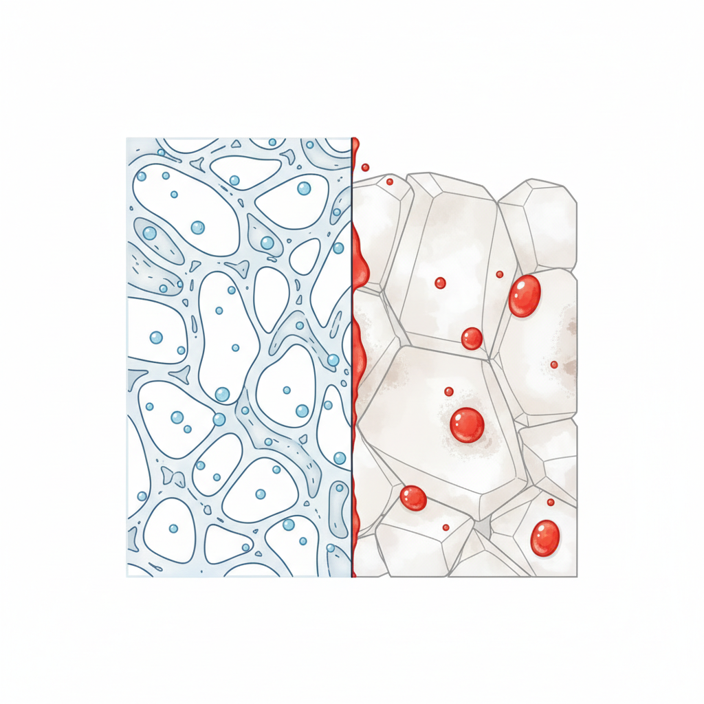 A clean, scientific illustration depicting a magnified cross-section of marble. On one side, show the porous structure with intricate, interconnected channels and tiny blue liquid droplets visibly seeping into them, illustrating absorption. On the other side, focus on the marble's crystalline structure, where vibrant red, corrosive liquid droplets are actively reacting with the kalcite crystals, causing a subtle change in texture or color to represent acid etching. The overall style is modern and clear, using a bright, minimalist color palette to explain the two key vulnerabilities of marble.