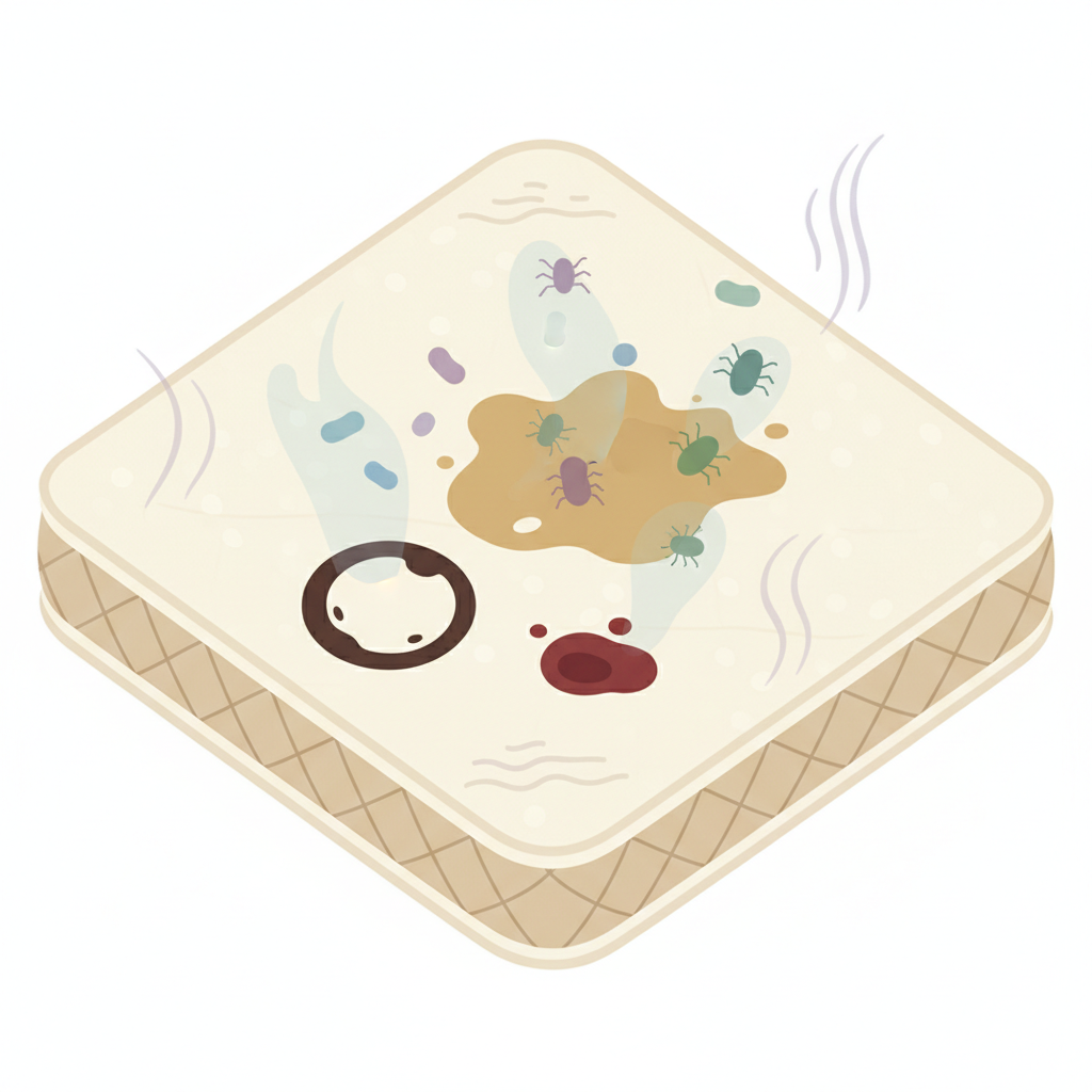 A close-up, slightly elevated shot of a mattress surface with various types of visible stains: a dark coffee ring, a yellowish organic stain, and a subtle red blood stain. Emanating from the stains, stylized, translucent representations of microscopic bacteria, dust mites, and faint, swirling odor lines are subtly depicted, illustrating the hidden hygiene issues. The overall style should be a crisp, modern flat illustration with a slightly muted color palette, emphasizing the problematic aspect without being overly graphic, suitable for a blog article.