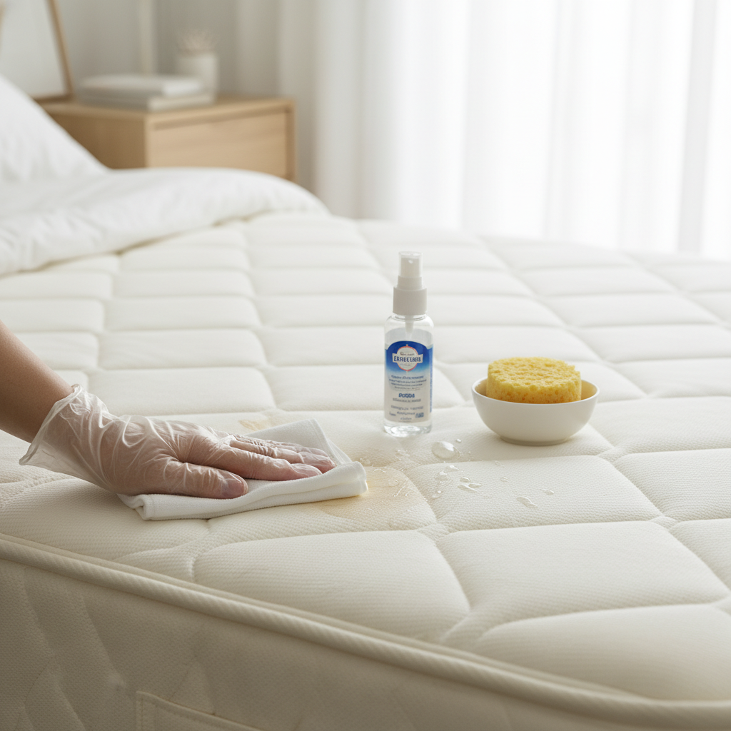 A bright, clean image of a section of a mattress being actively cleaned. A hand, wearing a protective glove, gently dabs a cleaning solution onto a small, fading stain with a white microfibre cloth. Nearby, a spray bottle of cleaning product and a small bowl with a sponge are visible. The background shows a clean, light-colored bedroom setting, hinting at a fresh and hygienic environment. The style should be a high-quality, professional photo with soft, natural lighting, conveying a sense of efficacy and cleanliness.