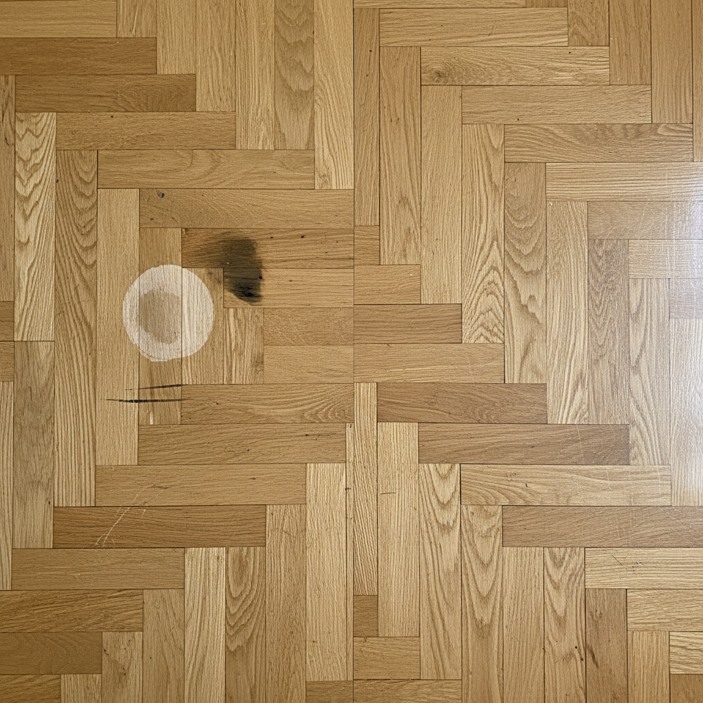 A professional photo, taken from a slightly elevated top-down perspective, showcasing a warm, natural wooden parquet floor. The image is conceptually divided: one half features a section of the parquet with various common stains clearly visible, such as a light water ring, a darker greasy smudge, and a subtle shoe scuff mark. The other half displays the exact same parquet section looking pristine, clean, and beautifully polished, free of any imperfections and reflecting soft, natural light. The overall impression is one of effective restoration and renewal, highlighting the 'before and after' transformation.