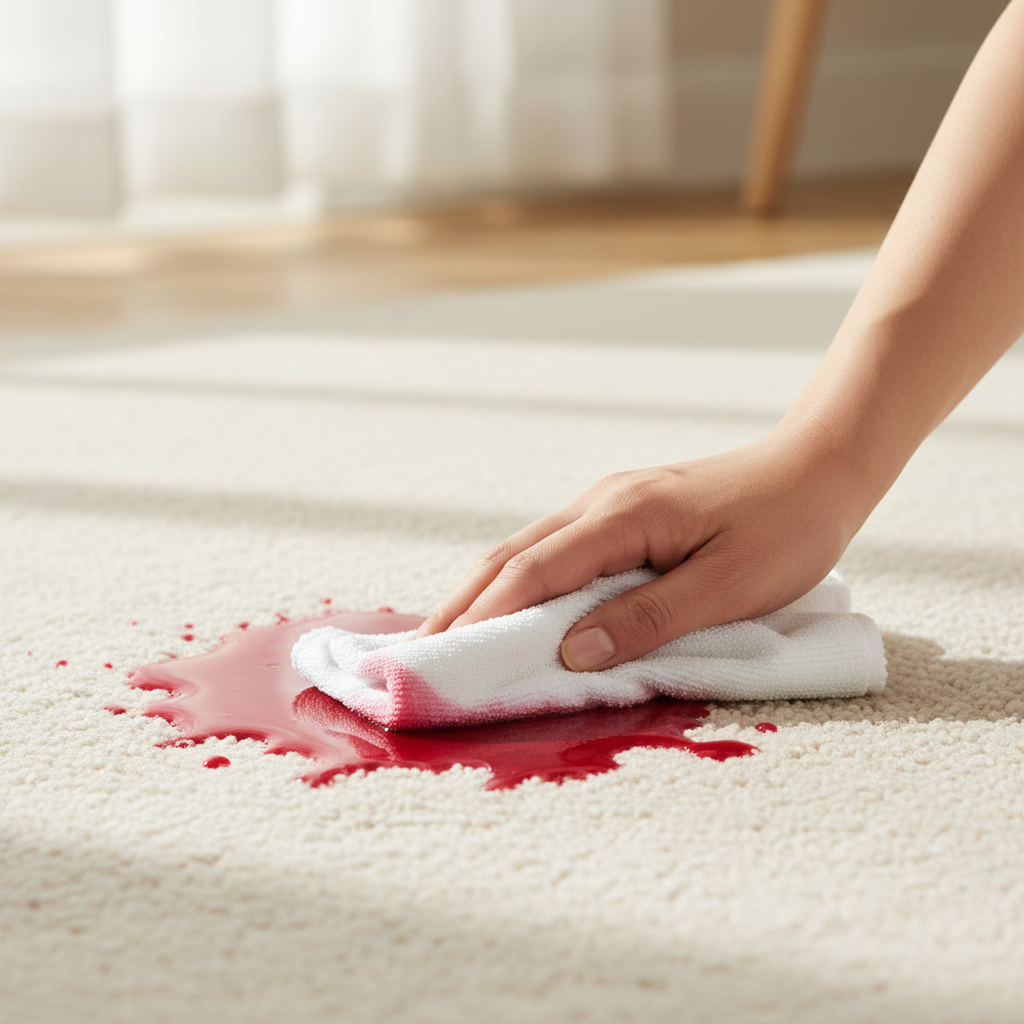 A dynamic, professional photo capturing the urgency of stain removal. A rich, textured carpet features a freshly spilled, vibrant red liquid stain near the center. A clean, white microfiber cloth, held by a hand, is actively dabbing the stain, illustrating the immediate blotting action recommended in the article. The background is softly blurred, emphasizing the hand and the stain on the carpet fibers. The lighting is bright and natural, conveying a clean and proactive approach to carpet care, highlighting the importance of quick action without showing any rubbing.