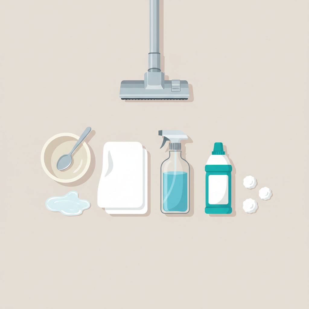 A clean, bright flat illustration showcasing an organized collection of essential tools for carpet stain removal. Arranged neatly on a light, neutral background, we see a pristine white cleaning cloth, a clear spray bottle, a small mixing bowl, a silver spoon, and a vacuum cleaner nozzle. Also present are symbolic representations of common cleaning agents: a small puddle of clear water, a generic bottle shape suggesting carpet cleaner, and small white mounds symbolizing baking soda. The style is modern and infographic-like, emphasizing clarity and readiness for action.