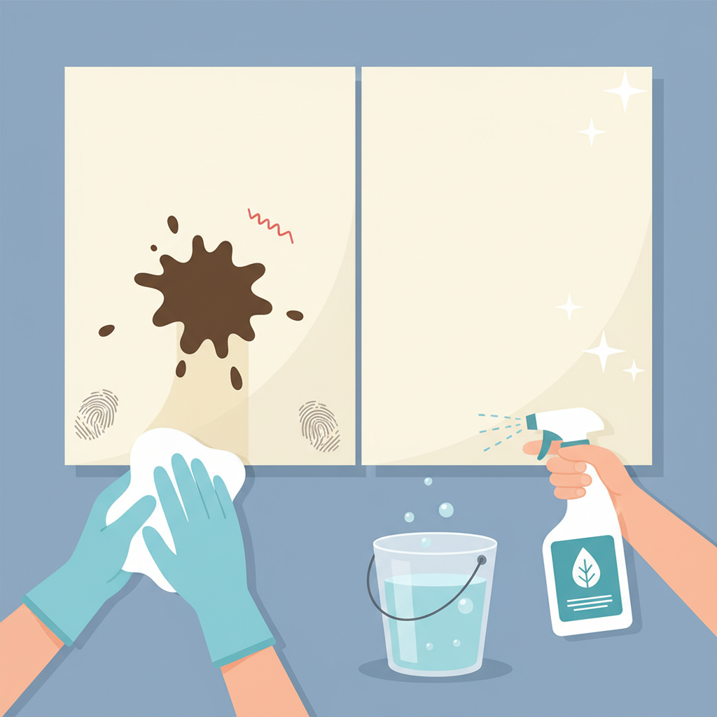 A vibrant, split-panel illustration depicting a 'before and after' scenario for wall stains. The 'before' side shows a segment of a light-colored wall marred by various common stains: a dark coffee splash, smudged fingerprints, and a small crayon mark. The 'after' side shows the same wall segment pristine and clean, with sparkling reflections hinting at its renewed appearance. In the foreground, hands are visible, one holding a soft cloth gently wiping, and another preparing a spray bottle and a bucket with a mild cleaning solution. The overall style should be a clean, modern flat illustration with a soft color palette, suitable for a DIY guide.