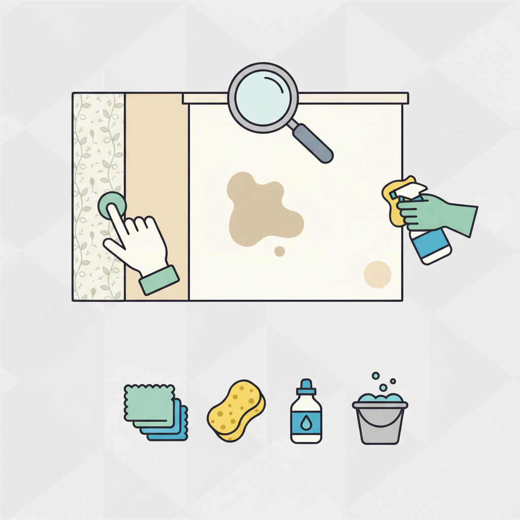 An infographic-style illustration showcasing the essential preparation steps for wall stain removal. The central element is a wall segment with a faint, generic stain. Surrounding it are smaller visual elements: a magnifying glass hovering over the stain, suggesting identification; a hand gently touching a wall texture (half showing wallpaper, half smooth paint), indicating material identification; and a person's hand applying a small test patch of cleaner on an inconspicuous corner of the wall. Various cleaning tools like a microfiber cloth, a sponge, a mild cleaner bottle, and a bucket of water are neatly arranged below. The style should be clean, clear, with a focus on icons and visual communication.