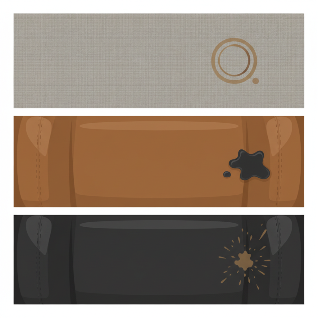 A clean, modern flat illustration depicting a conceptual layout of car seat material types and common stains. The image is visually divided into three distinct rectangular sections, each representing a different material: a textured fabric weave (top), a smooth leather grain (middle), and a slightly shiny faux leather surface (bottom). On each material section, a typical stain is subtly integrated: a stylized coffee ring on the fabric, a small grease spot on the leather, and a faint mud splatter on the faux leather. The overall composition is neat and informative, using a harmonious color palette with muted tones for the materials and slightly contrasting, yet still subtle, colors for the stains.