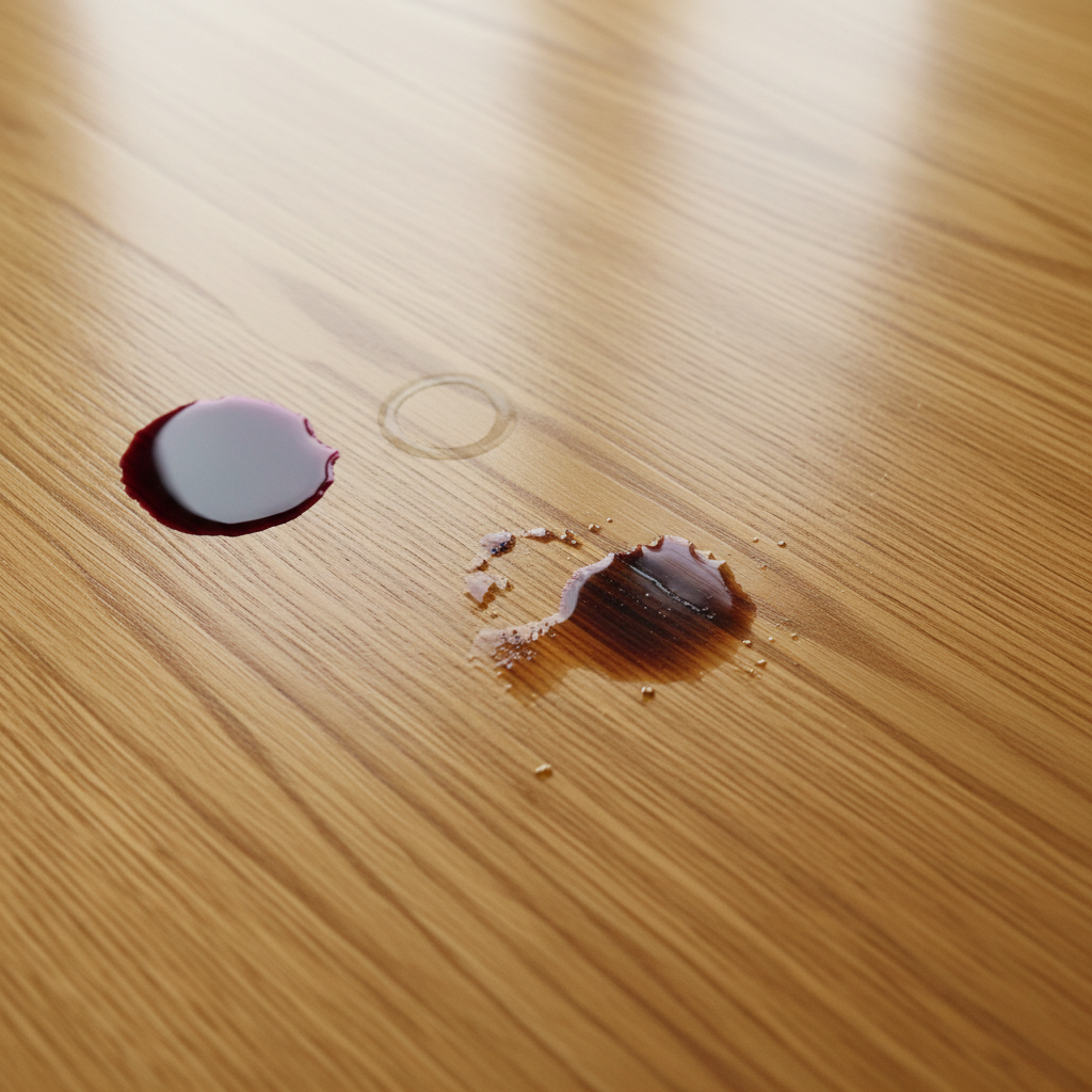 A top-down, slightly angled view of a beautiful, polished light oak wood surface, such as a tabletop or flooring. The surface displays several distinct, common household stains. In one area, there's a dark red wine spill. Nearby, a subtle white water ring mark is visible. Another section shows a dark coffee stain, and a greasy smudge is present elsewhere. The overall impression should be one of a high-quality wooden surface regrettably marred by everyday accidents, emphasizing the contrast. Professional product photography style with soft, natural lighting.