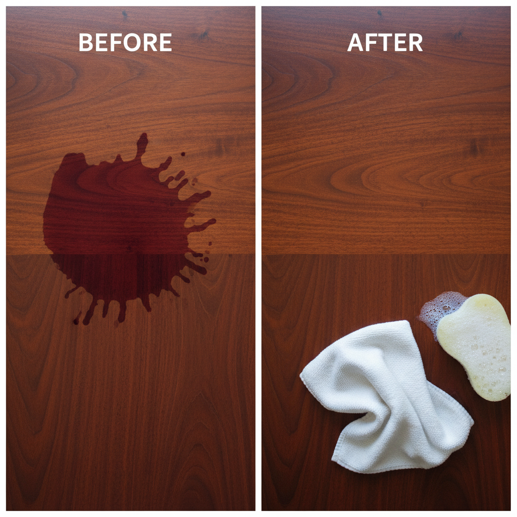 A split-screen or 'before-and-after' visual focusing on a single, prominent stain on a wooden surface. On the 'before' side, a dark, noticeable red wine spill or a stark white heat mark is clearly visible on a rich, dark cherry wood tabletop. On the 'after' side, the identical spot on the wood is completely clean and restored to its original luster, perhaps with a soft, clean cloth or a gentle sponge poised nearby, suggesting the successful cleaning action. The image should convey effective restoration and hope. Clean, realistic photographic style with emphasis on texture and detail.