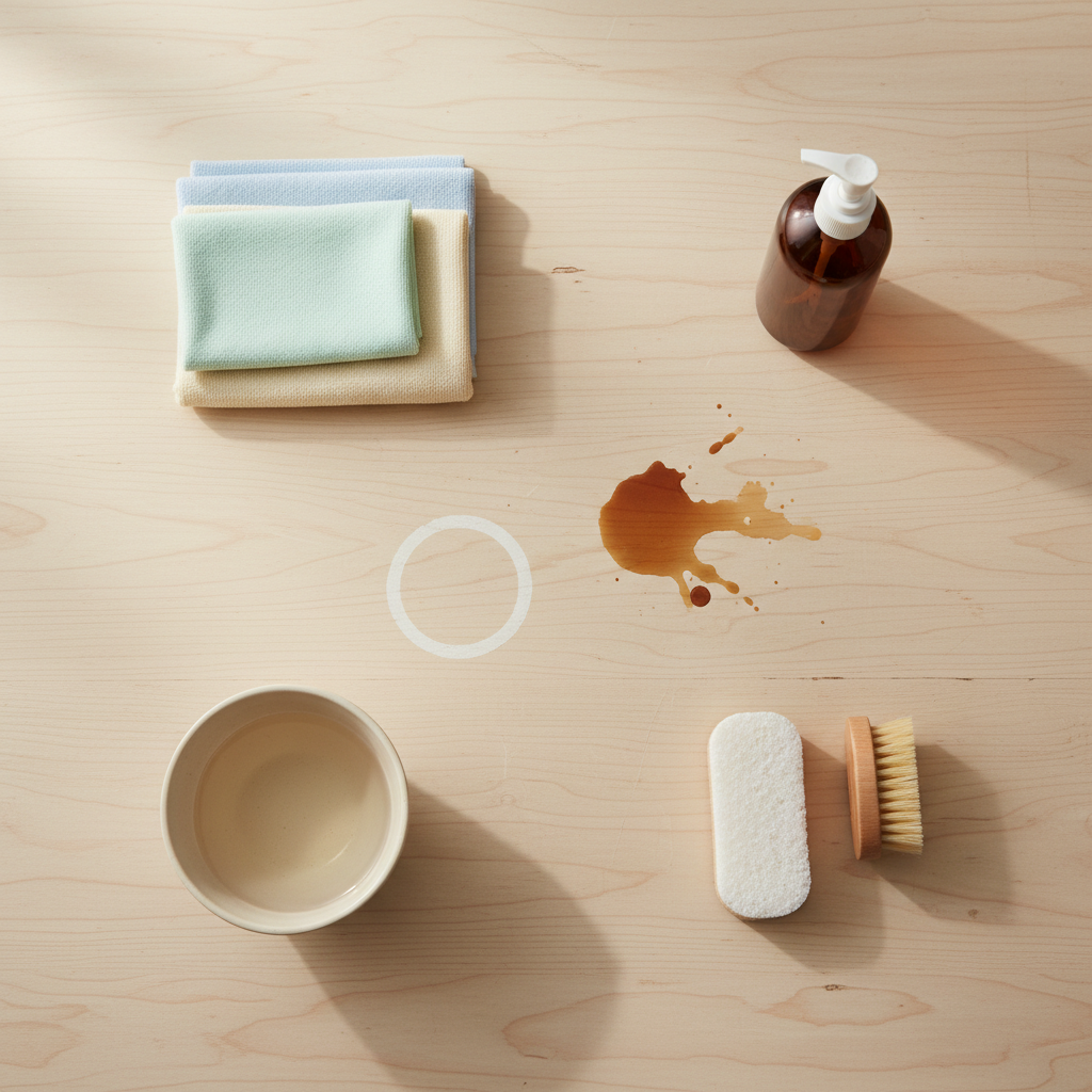 A light-colored wooden table surface, seen from a slightly elevated top-down perspective. On the table, various distinct stains are visible: a white ring from a glass (water stain), a dark reddish-brown splat (wine/coffee stain), and a subtle greasy smudge. Arranged neatly around the periphery of the table are essential cleaning tools: a stack of soft microfiber cloths, a small bowl of warm water, a bottle of mild dish soap, and a small, delicate brush or sponge. The overall impression should be organized and informative, highlighting the common problems and the initial solution kit. Professional flat lay photograph with soft, natural lighting, emphasizing texture and clarity.